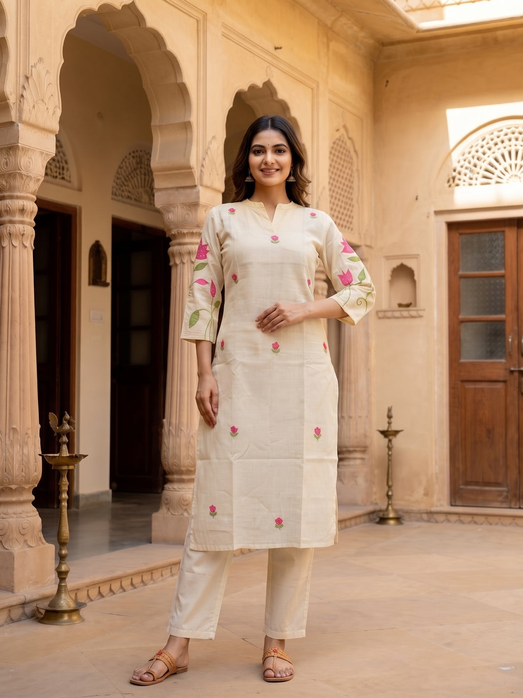 Solid Floral Hand Embroidered Straight Kurta with Pant & Dupatta - Off White