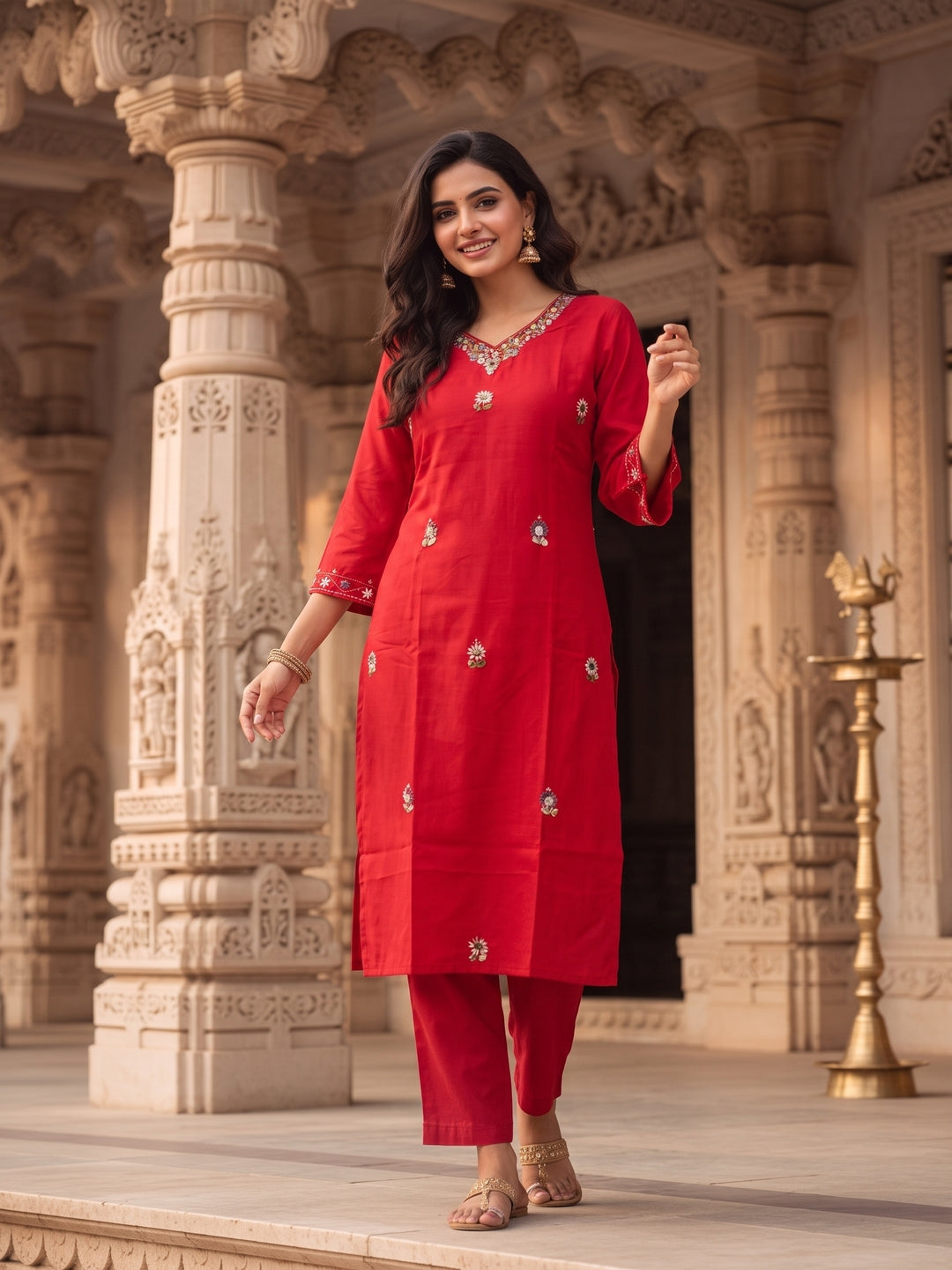 Solid Floral Embroidered Straight Kurta with Pant - Red