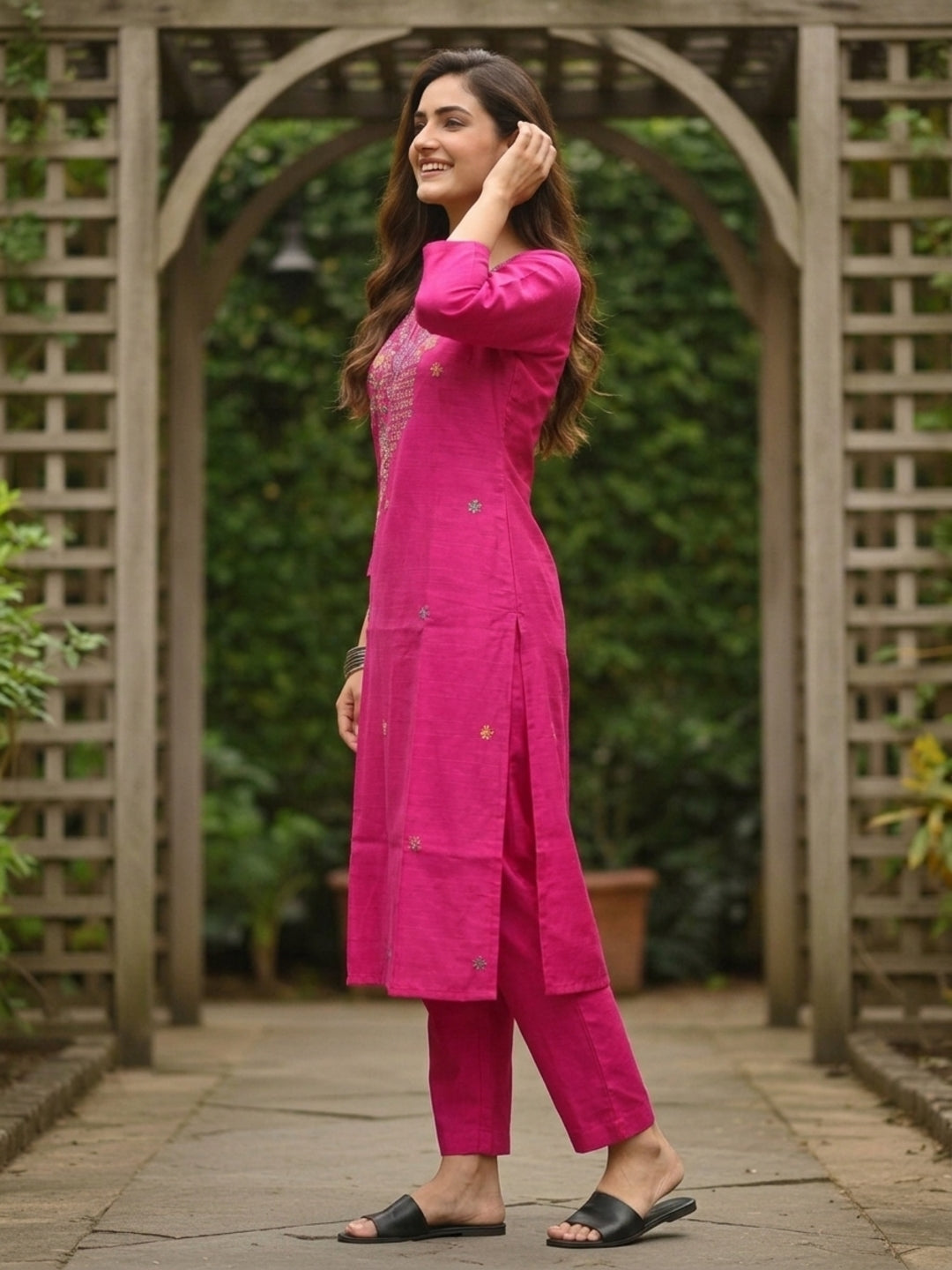 Solid Floral Embroidered Straight Kurta with Pant - Rani