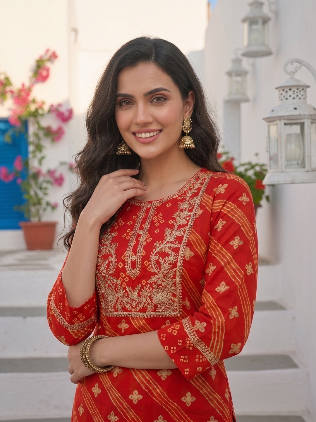 Bandhani Printed & Embroidered Straight Kurta with Pant & Dupatta - Red