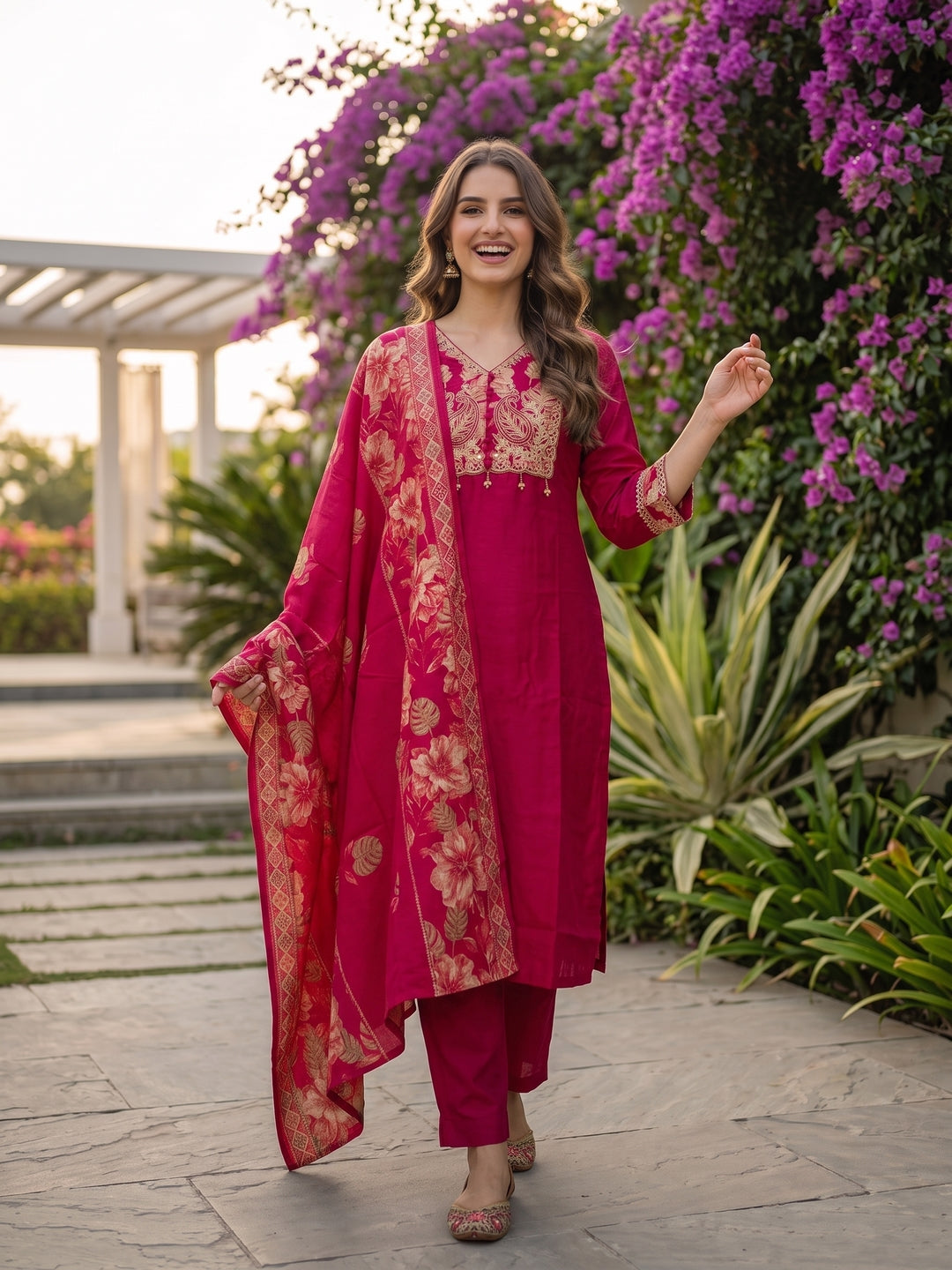 Solid Floral Embroidered Straight Kurta with Pant & Dupatta - Rani