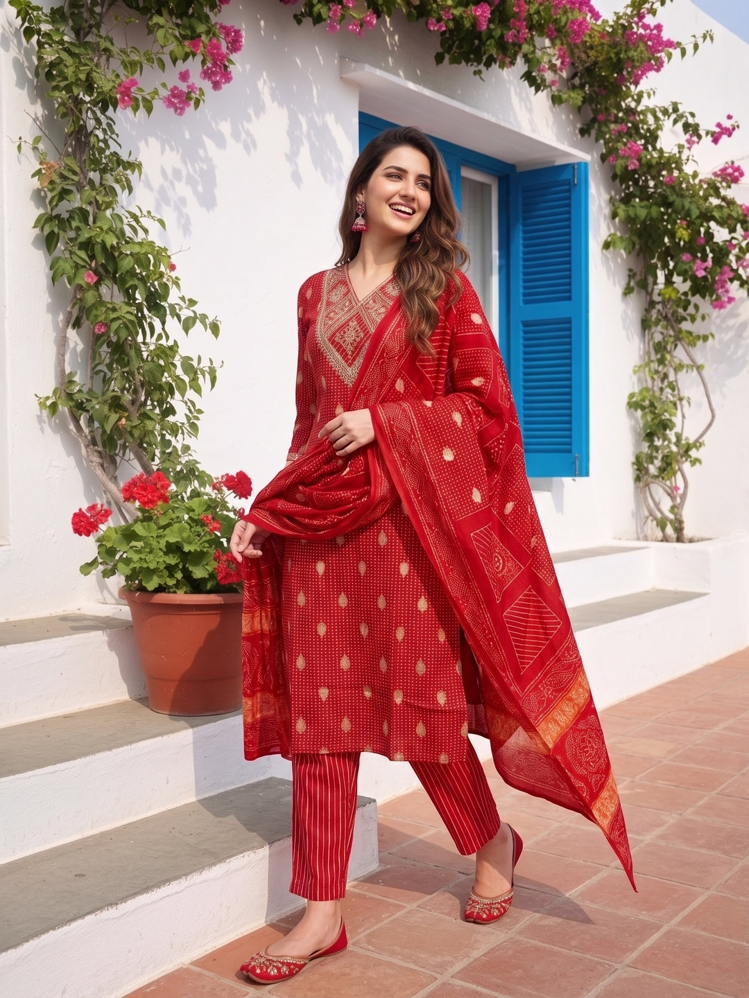 Bandhani Printed & Embroidered Straight Kurta with Pant & Dupatta - Red