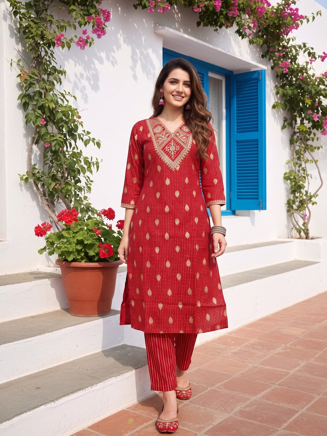 Bandhani Printed & Embroidered Straight Kurta with Pant & Dupatta - Red
