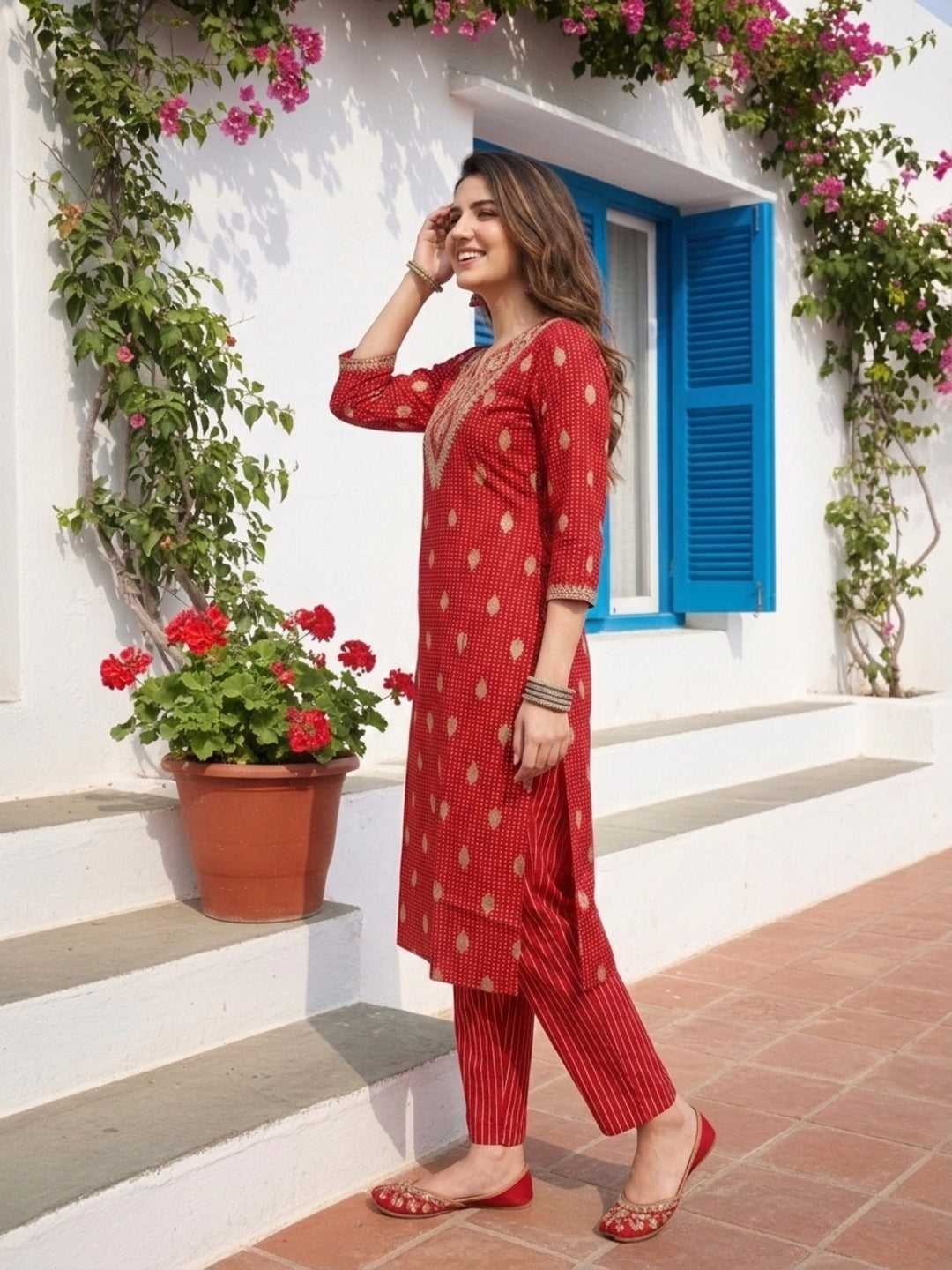 Bandhani Printed & Embroidered Straight Kurta with Pant & Dupatta - Red
