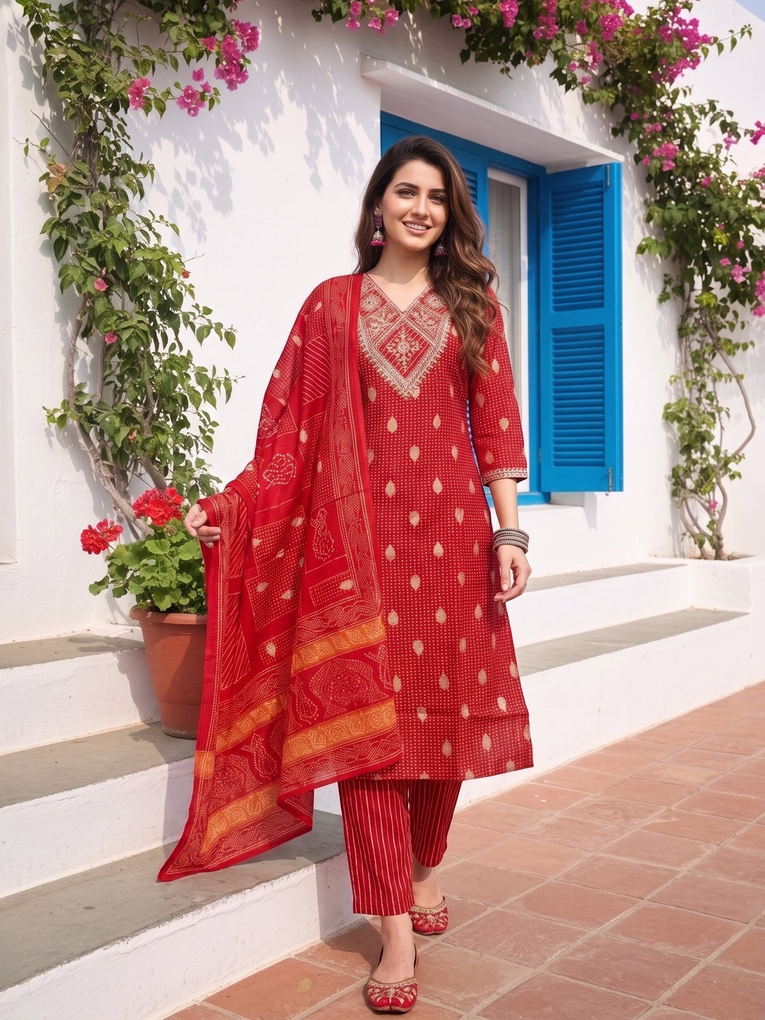 Bandhani Printed & Embroidered Straight Kurta with Pant & Dupatta - Red