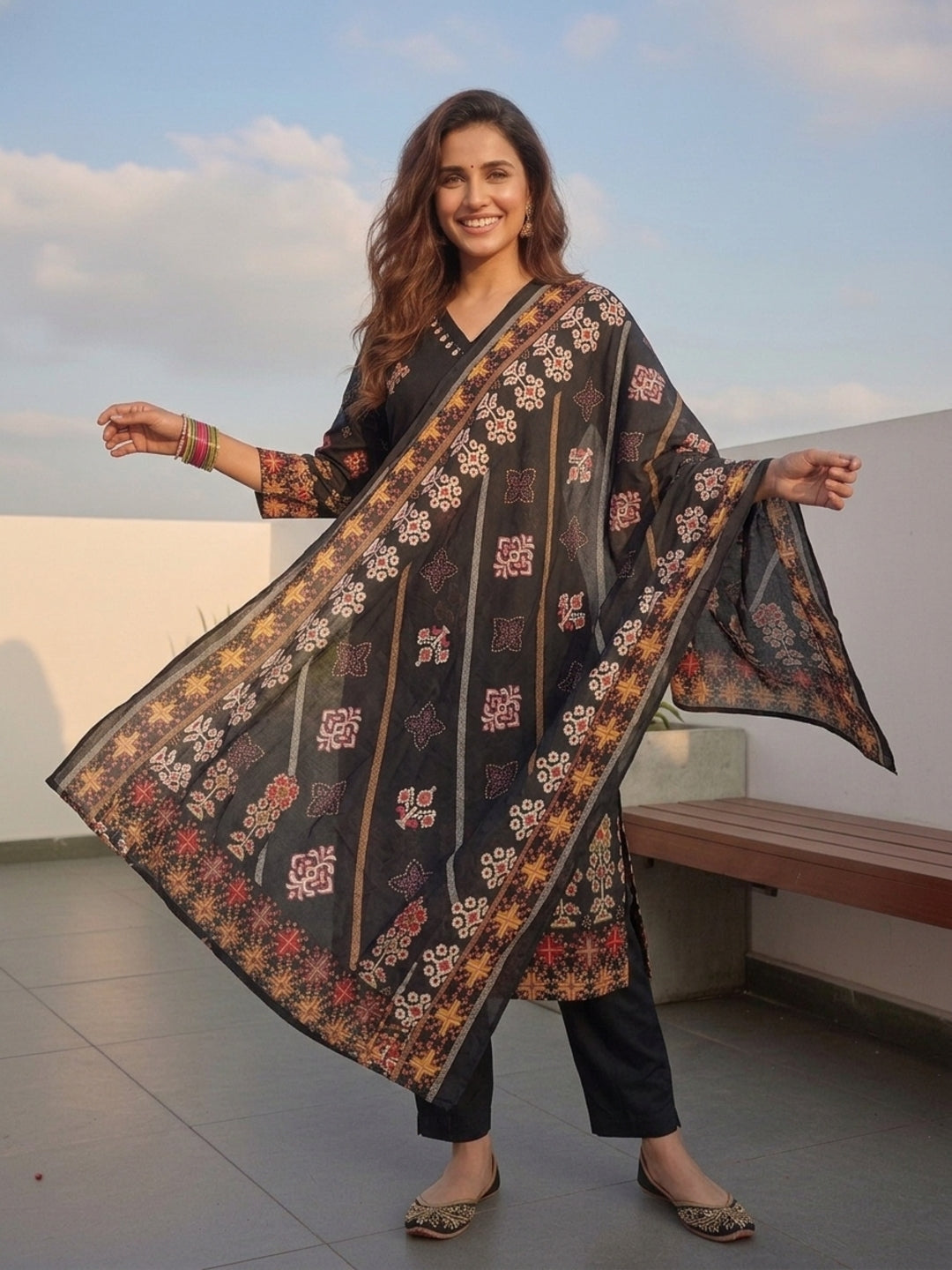 Ethnic Floral Printed Straight Kurta with Pant & Dupatta - Black