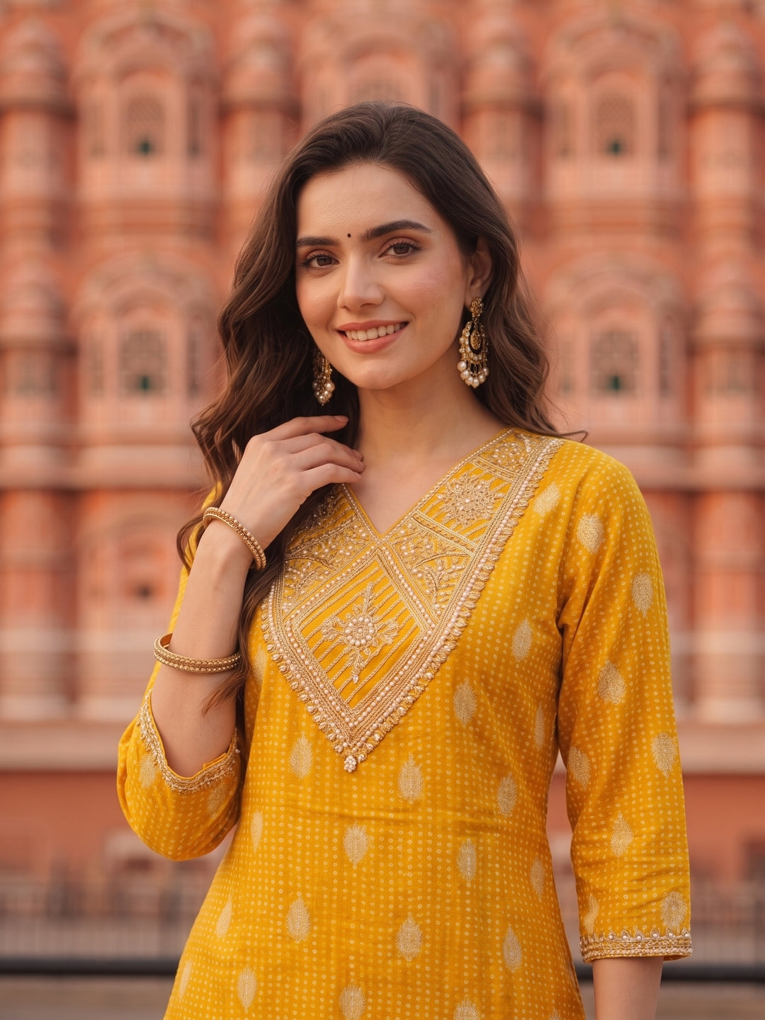 Bandhani Printed & Embroidered Straight Kurta with Palazzo & Dupatta - Yellow