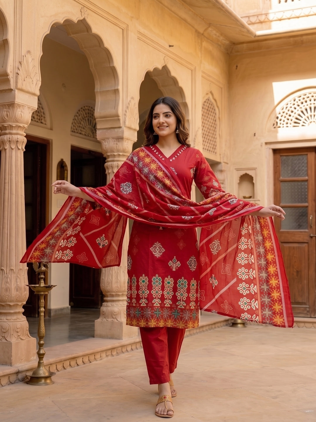 Ethnic Floral Printed Straight Kurta with Pant and Dupatta - Maroon