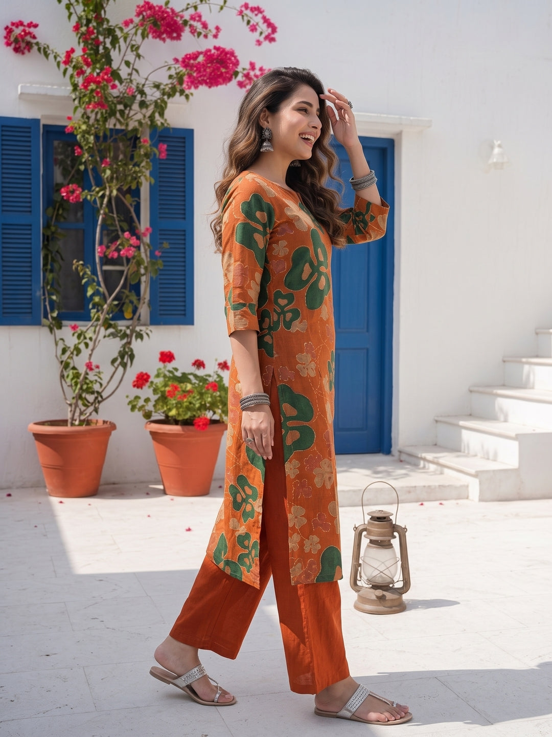 Abstract Floral Printed A-Line Co-ord Set - Orange