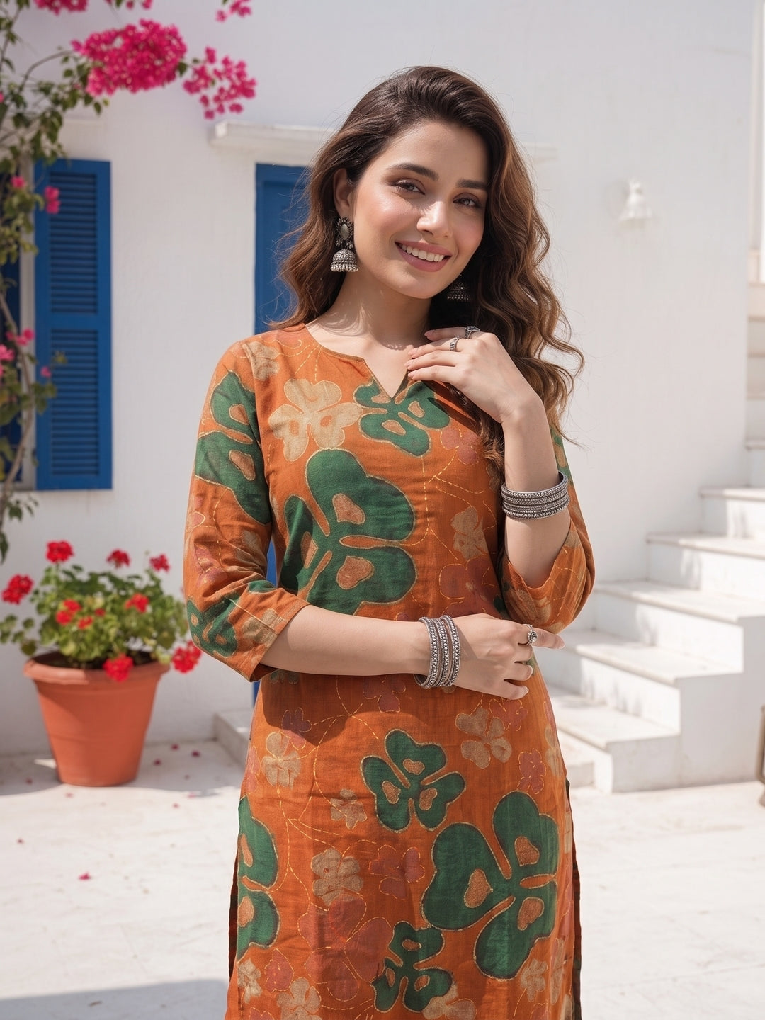 Abstract Floral Printed A-Line Co-ord Set - Orange