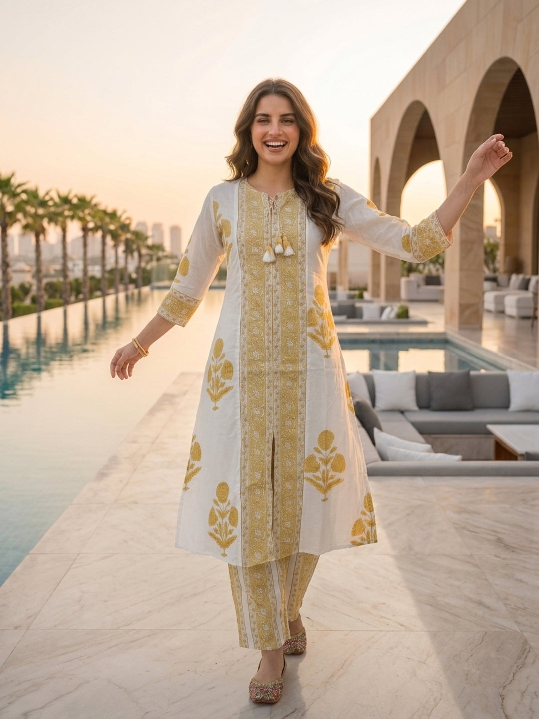 Floral Block Printed A-Line Kurta with Palazzo - Yellow
