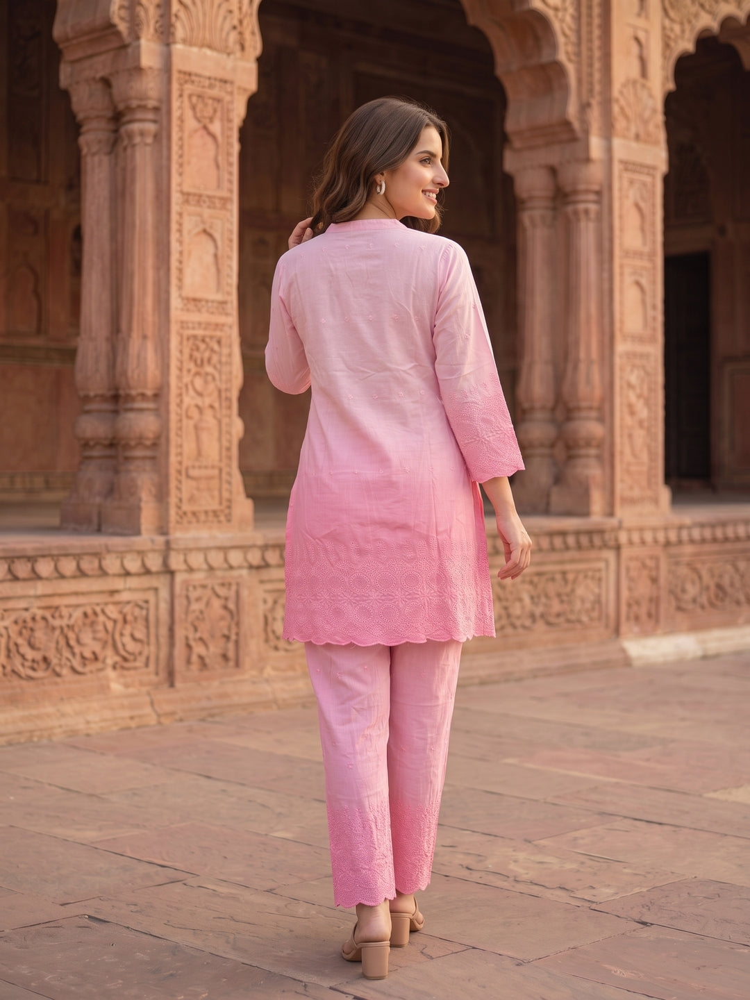 Solid Floral Schiffli Embroidered Ombre A-Line Co-ord Set - Pink