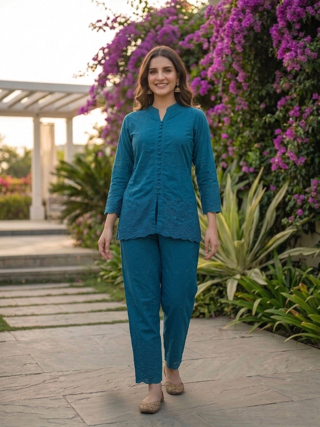 Solid Floral Schiffli Embroidered Straight Fit Co-ord Set - Teal Blue