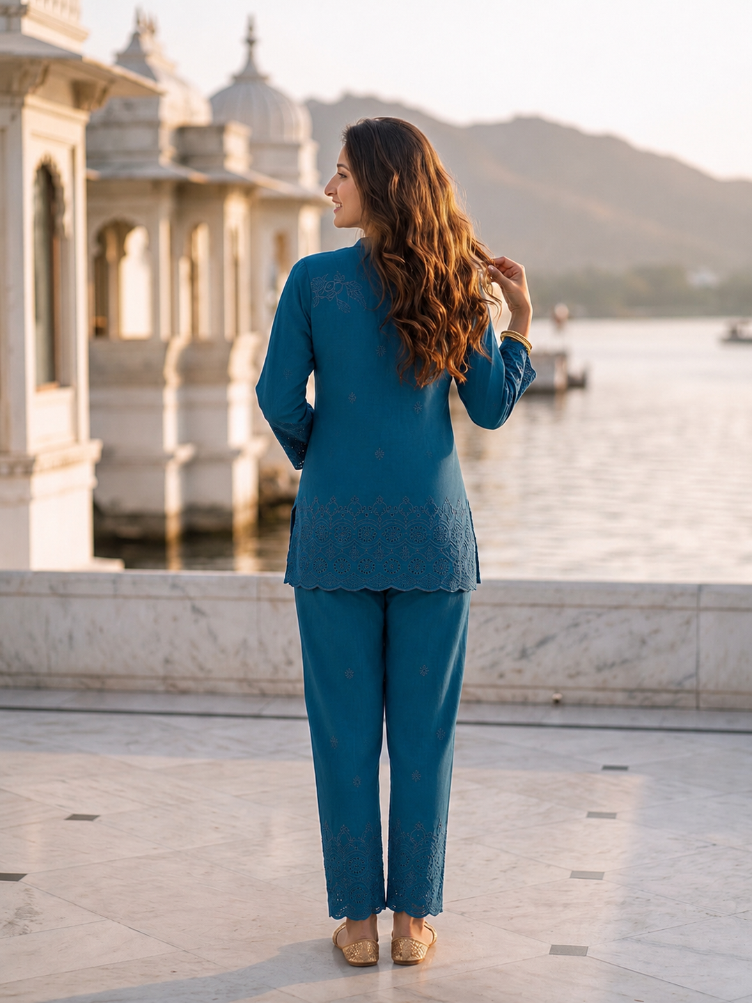 Solid Floral Schiffli Embroidered Straight Fit Co-ord Set - Teal Blue