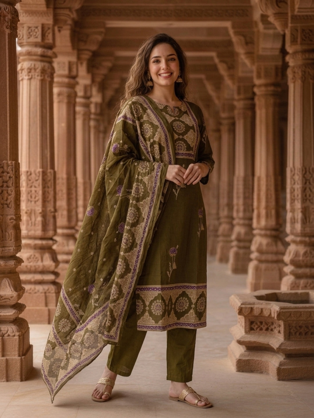 Ethnic Floral Printed Embroidered Straight Kurta with Pant & Dupatta - Olive Green