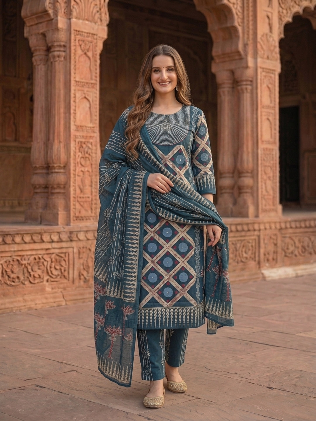 Floral Printed Sequin Work Kurta with Pant & Printed Dupatta - Indigo Blue