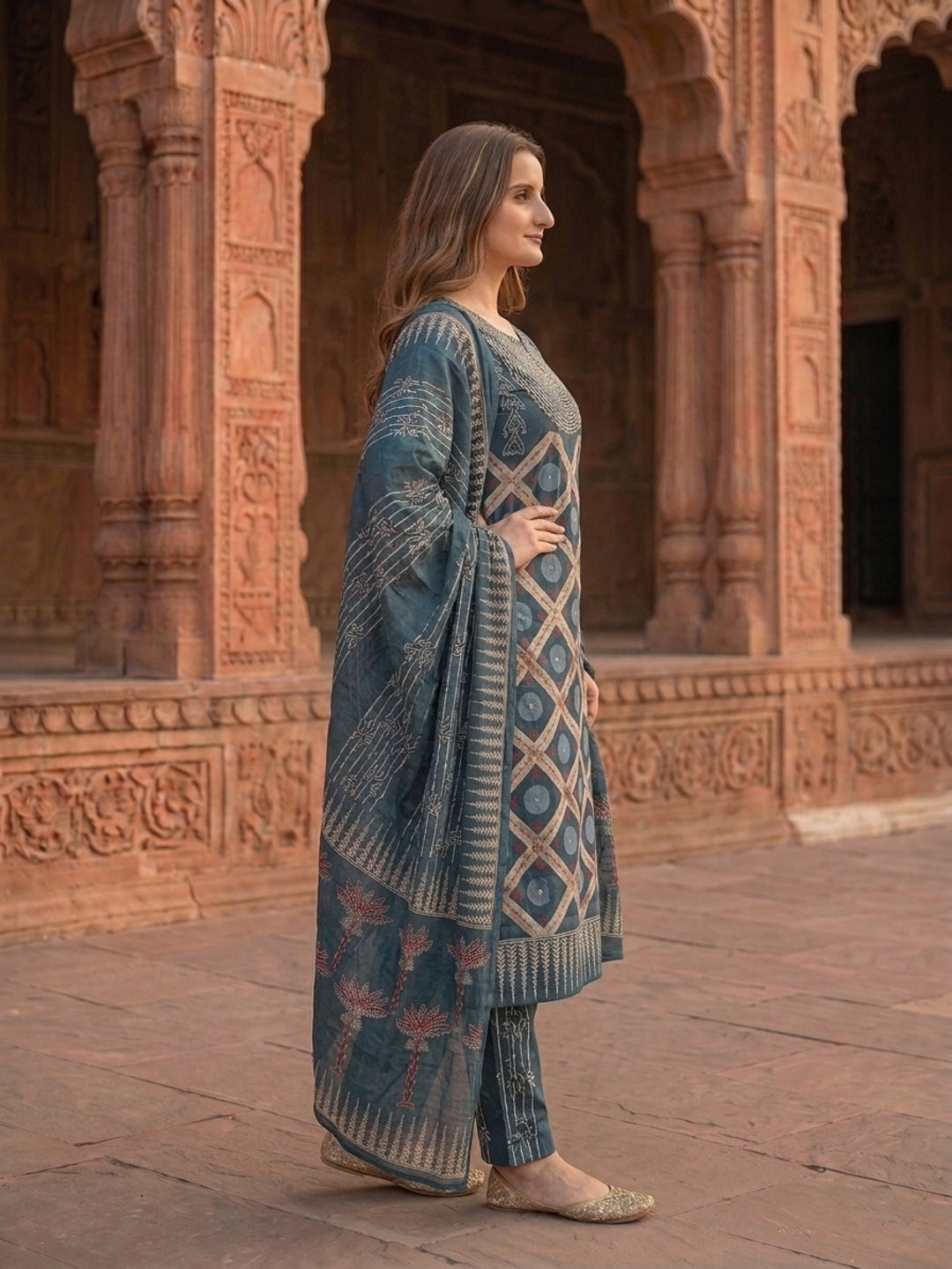 Floral Printed Sequin Work Kurta with Pant & Printed Dupatta - Indigo Blue