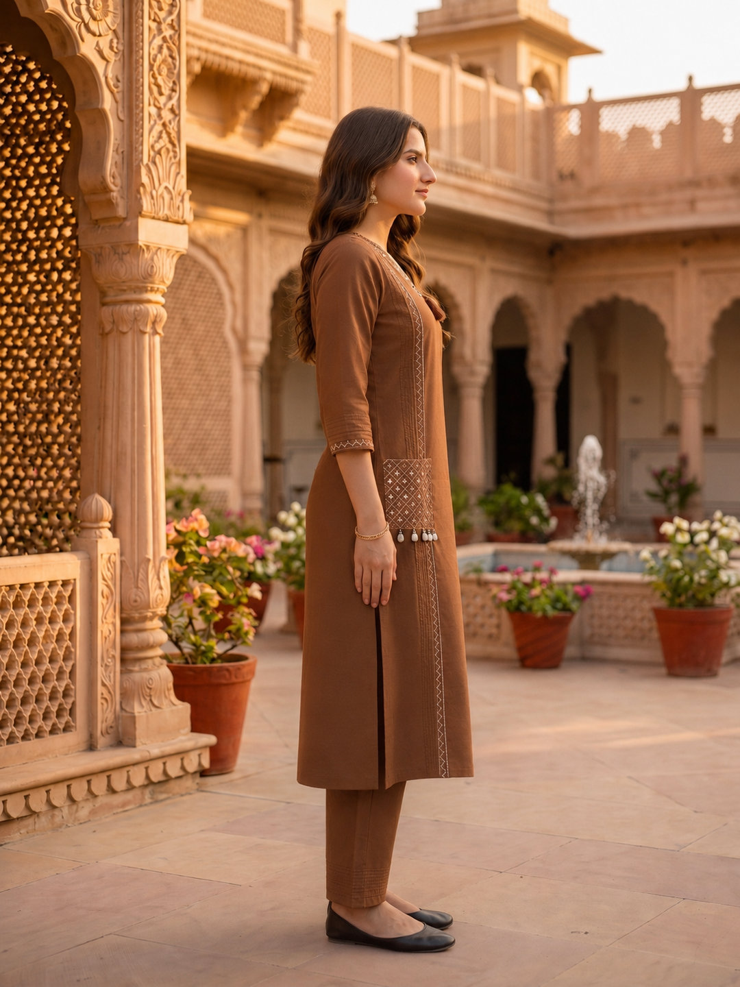 Solid Floral Embroidered A-Line Kurta with Pant and Dupatta - Brown