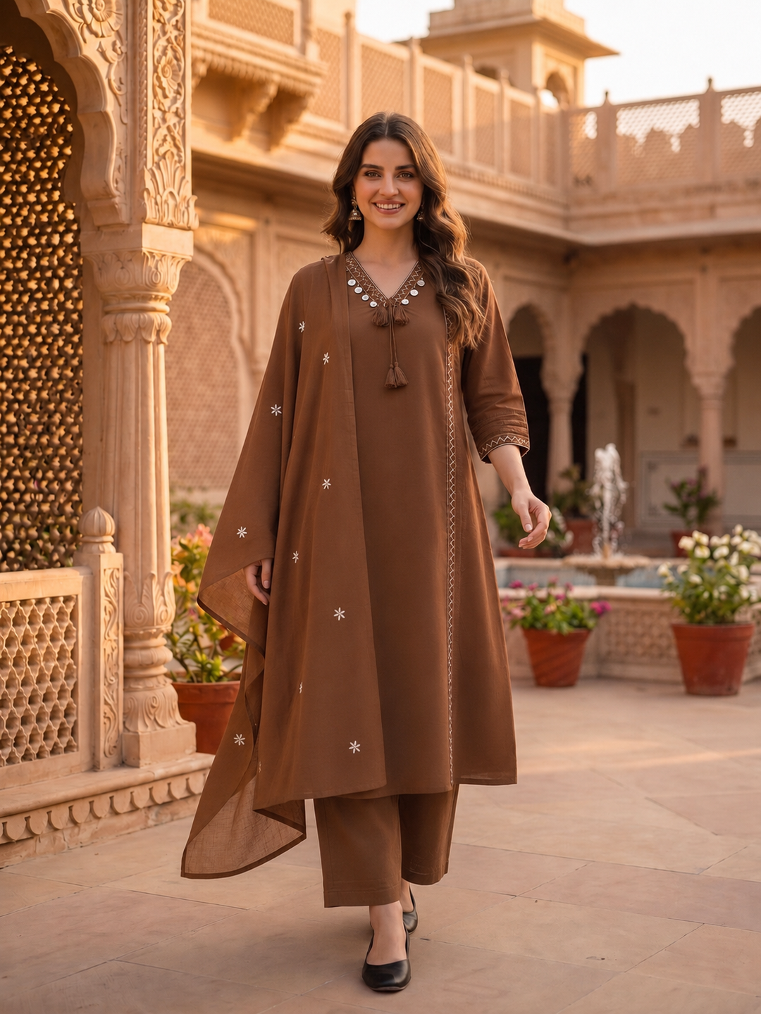 Solid Floral Embroidered A-Line Kurta with Pant and Dupatta - Brown