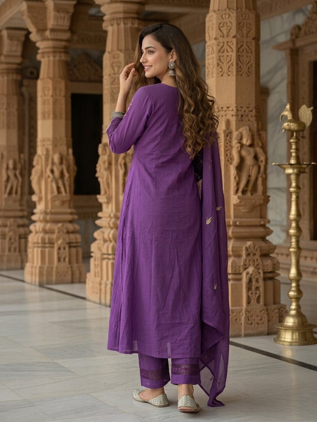 Solid Floral Zari Embroidered Straight Kurta with Palazzo & Dupatta - Violet
