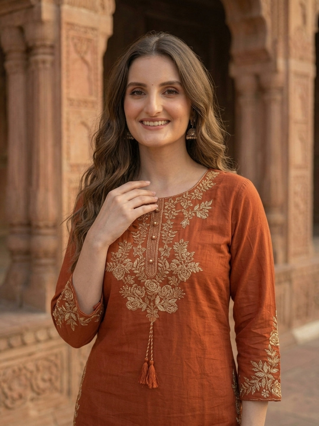Solid Floral Embroidered Straight Kurta with Pant and Dupatta - Rust