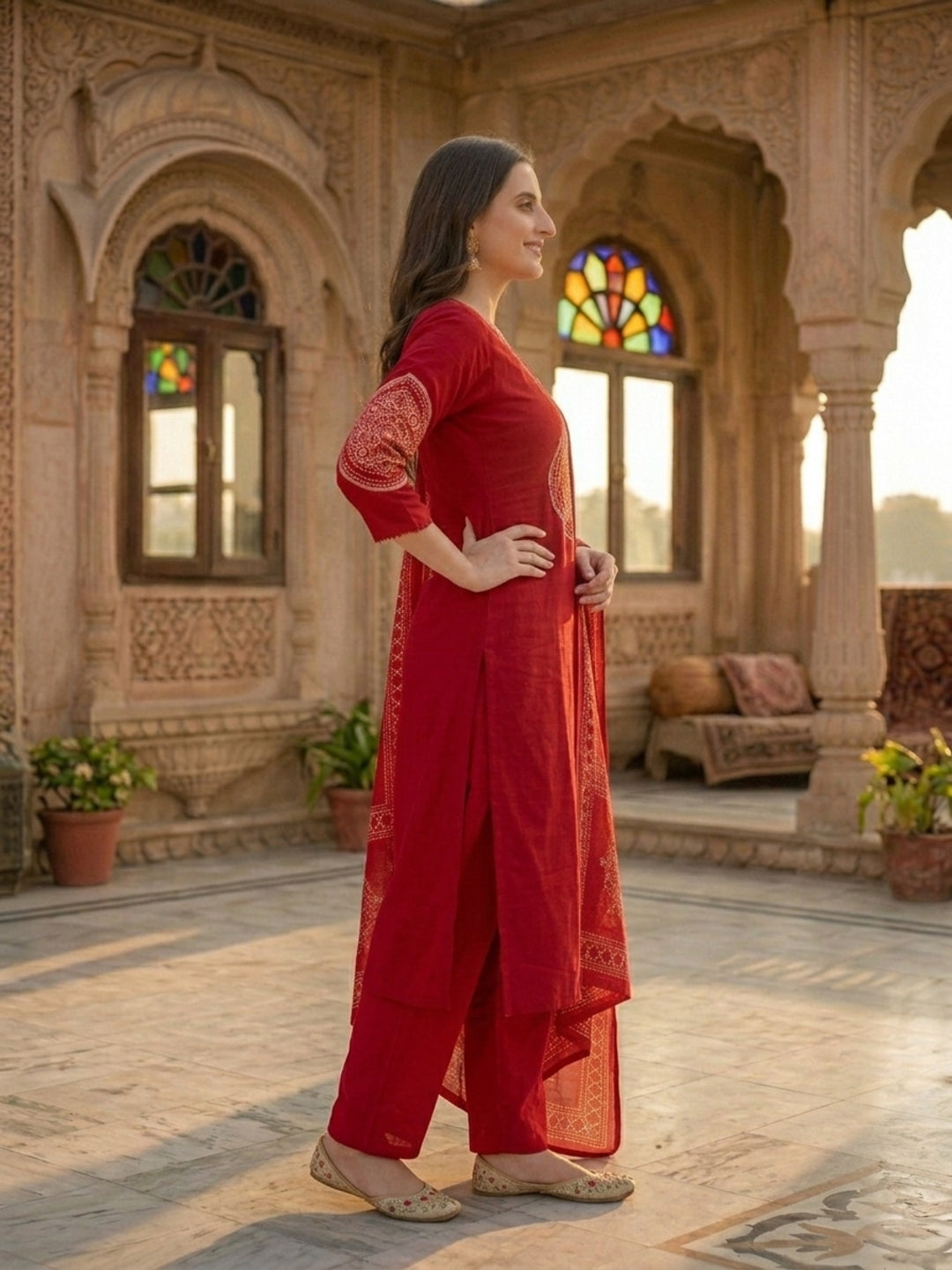 Bandhani Printed Mirror Work Straight Kurta with Pant & Dupatta - Maroon