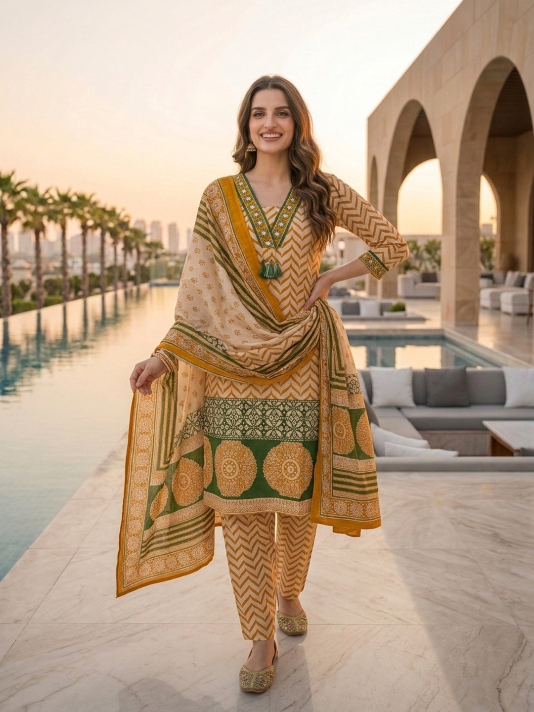 Ethnic Chevron Printed Embroidered Straight Kurta with Palazzo and Dupatta - Mustard
