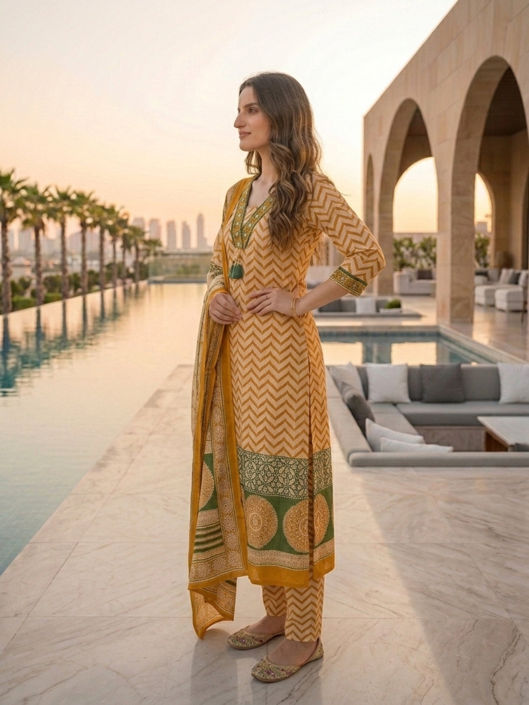 Ethnic Chevron Printed Embroidered Straight Kurta with Palazzo and Dupatta - Mustard