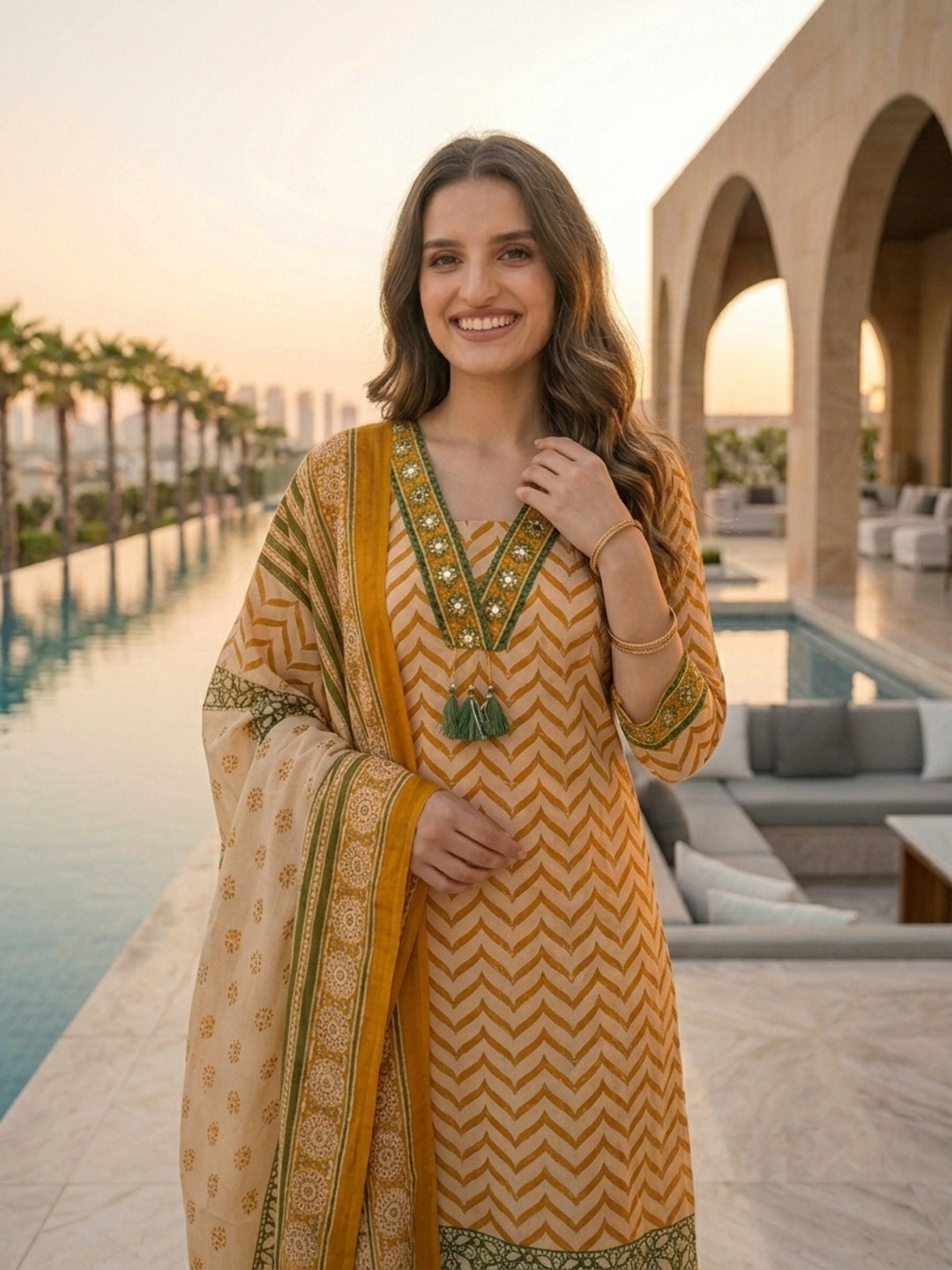 Ethnic Chevron Printed Embroidered Straight Kurta with Palazzo and Dupatta - Mustard