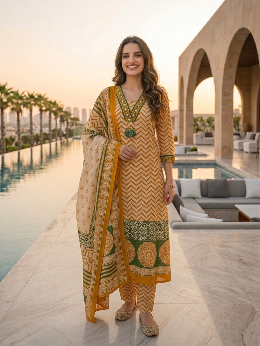 Ethnic Chevron Printed Embroidered Straight Kurta with Palazzo and Dupatta - Mustard