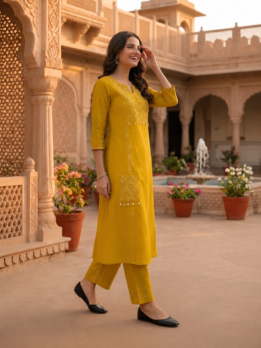 Solid Floral Embroidered A-Line Kurta with Pant and Dupatta - Mustard Yellow