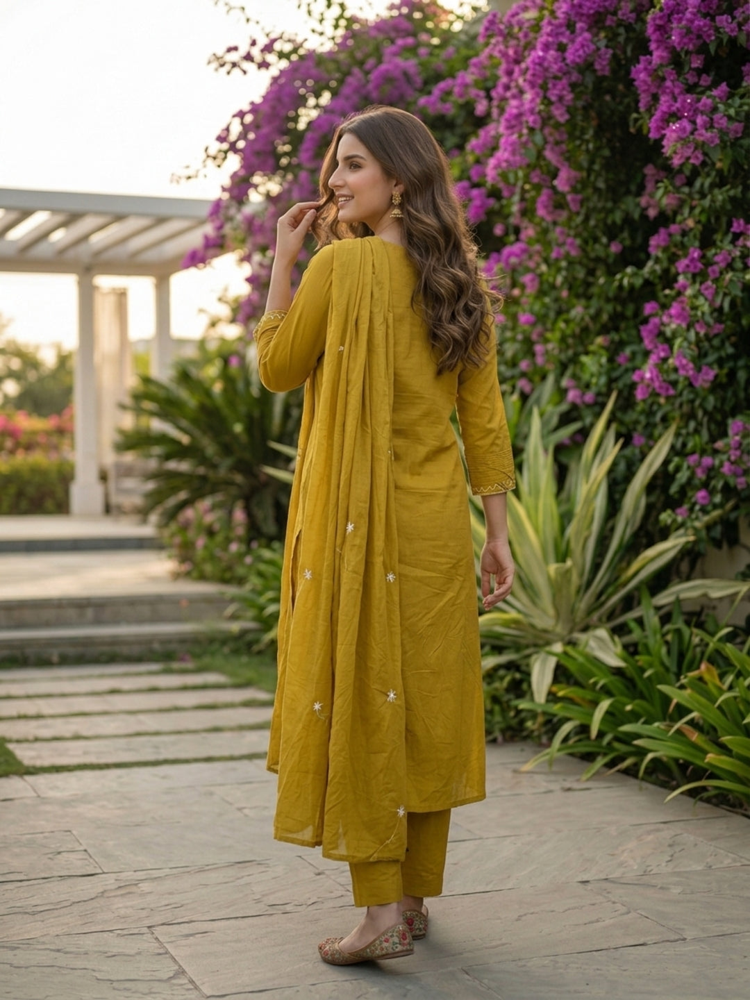 Solid Floral Embroidered A-Line Kurta with Pant and Dupatta - Green