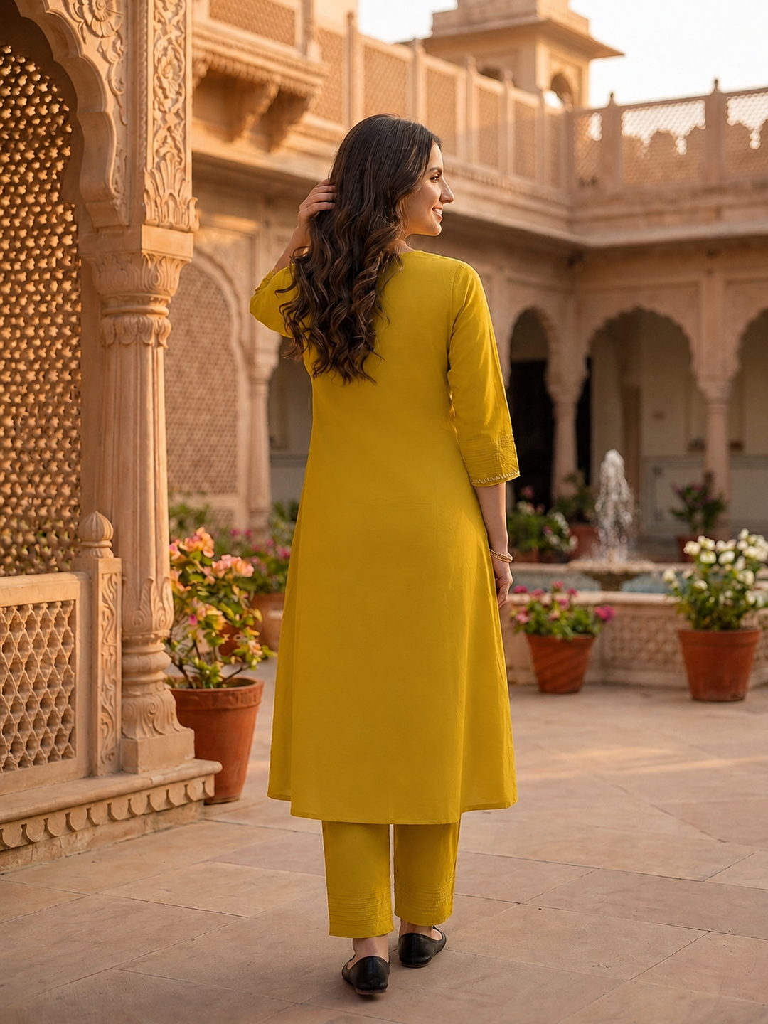 Solid Floral Embroidered A-Line Kurta with Pant and Dupatta - Mustard Yellow