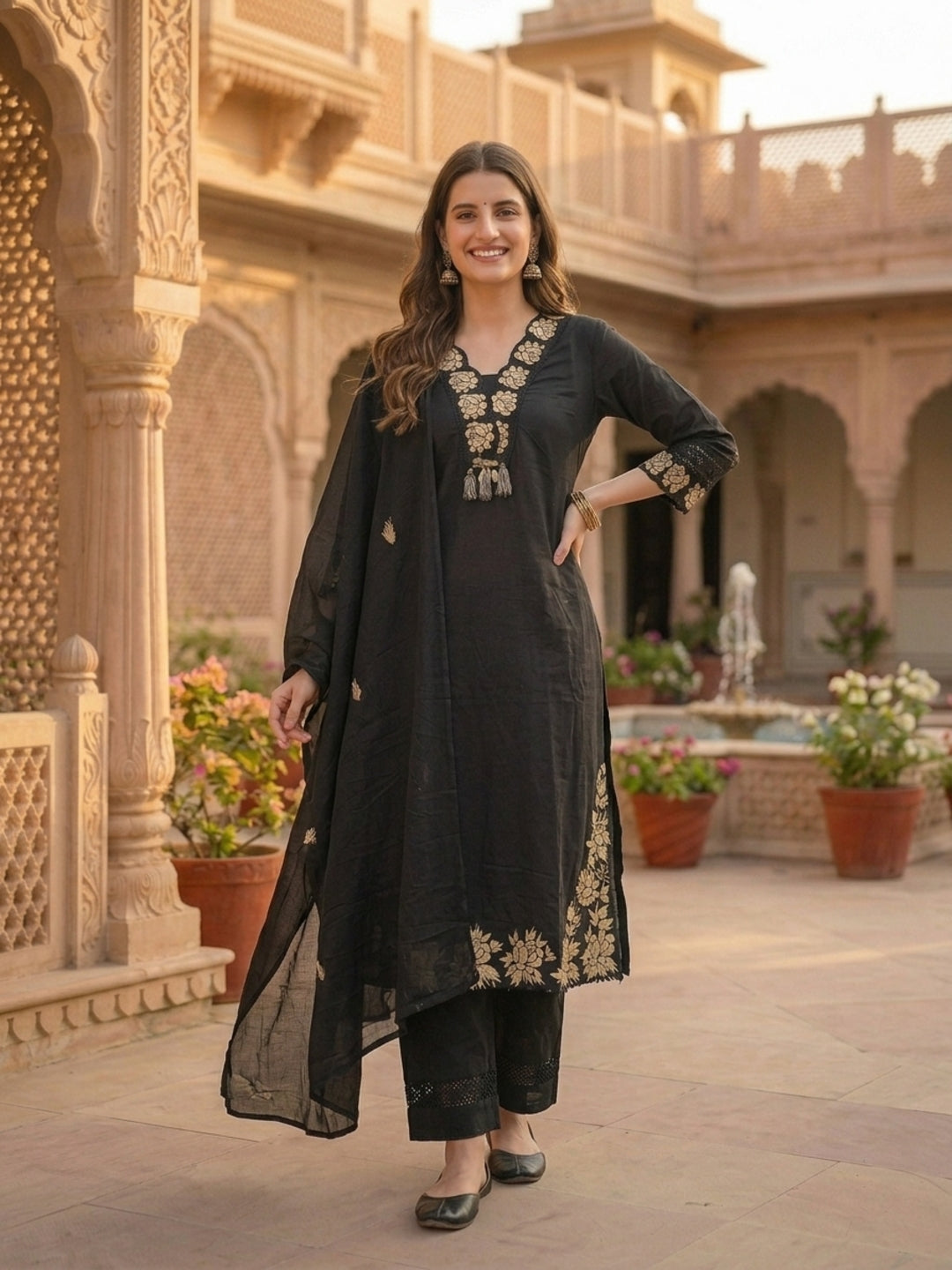 Solid Floral Zari Embroidered Straight Kurta with Palazzo & Dupatta - Black