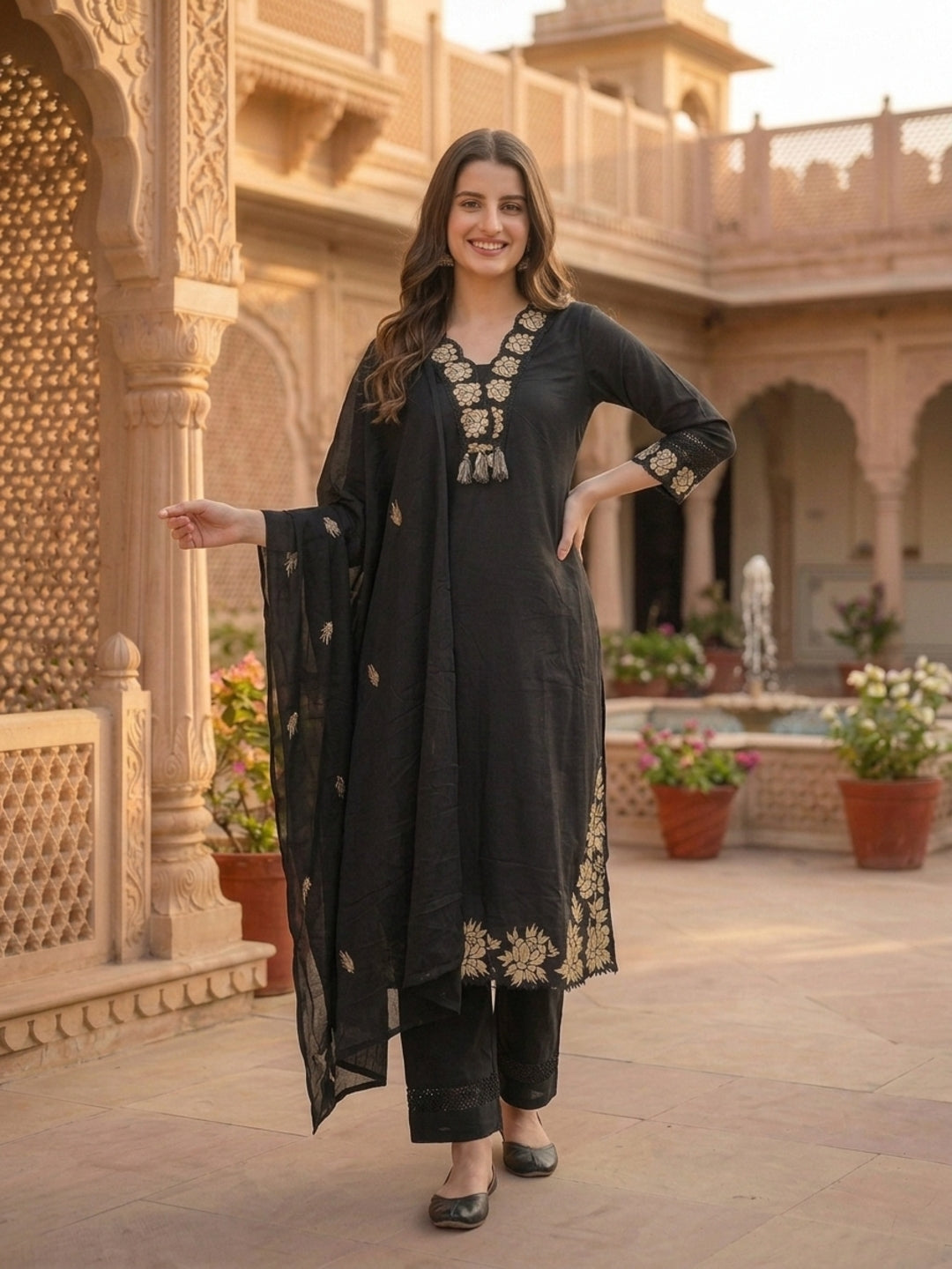 Solid Floral Zari Embroidered Straight Kurta with Palazzo & Dupatta - Black