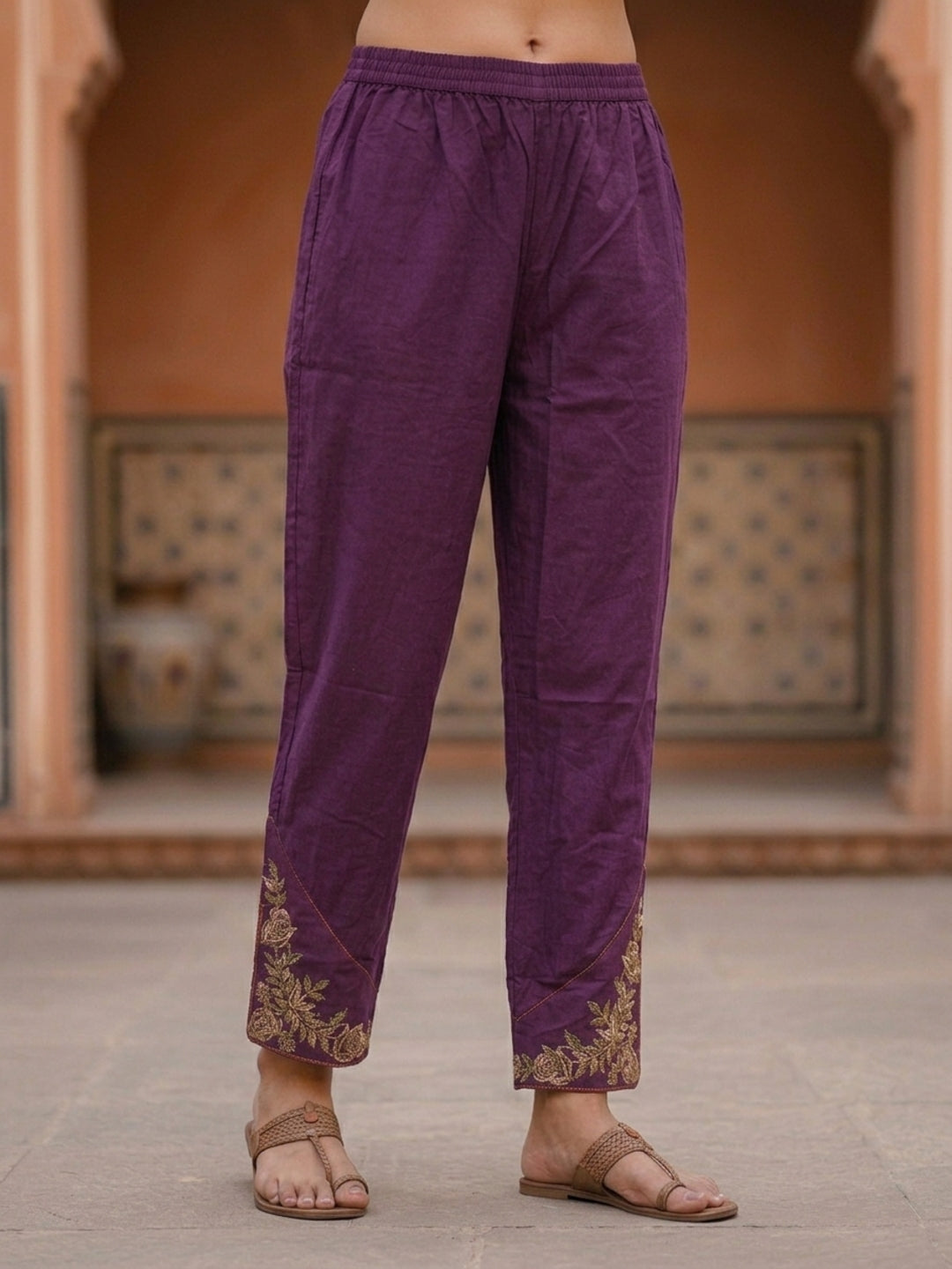 Solid Floral Embroidered Straight Kurta with Pant and Dupatta - Purple