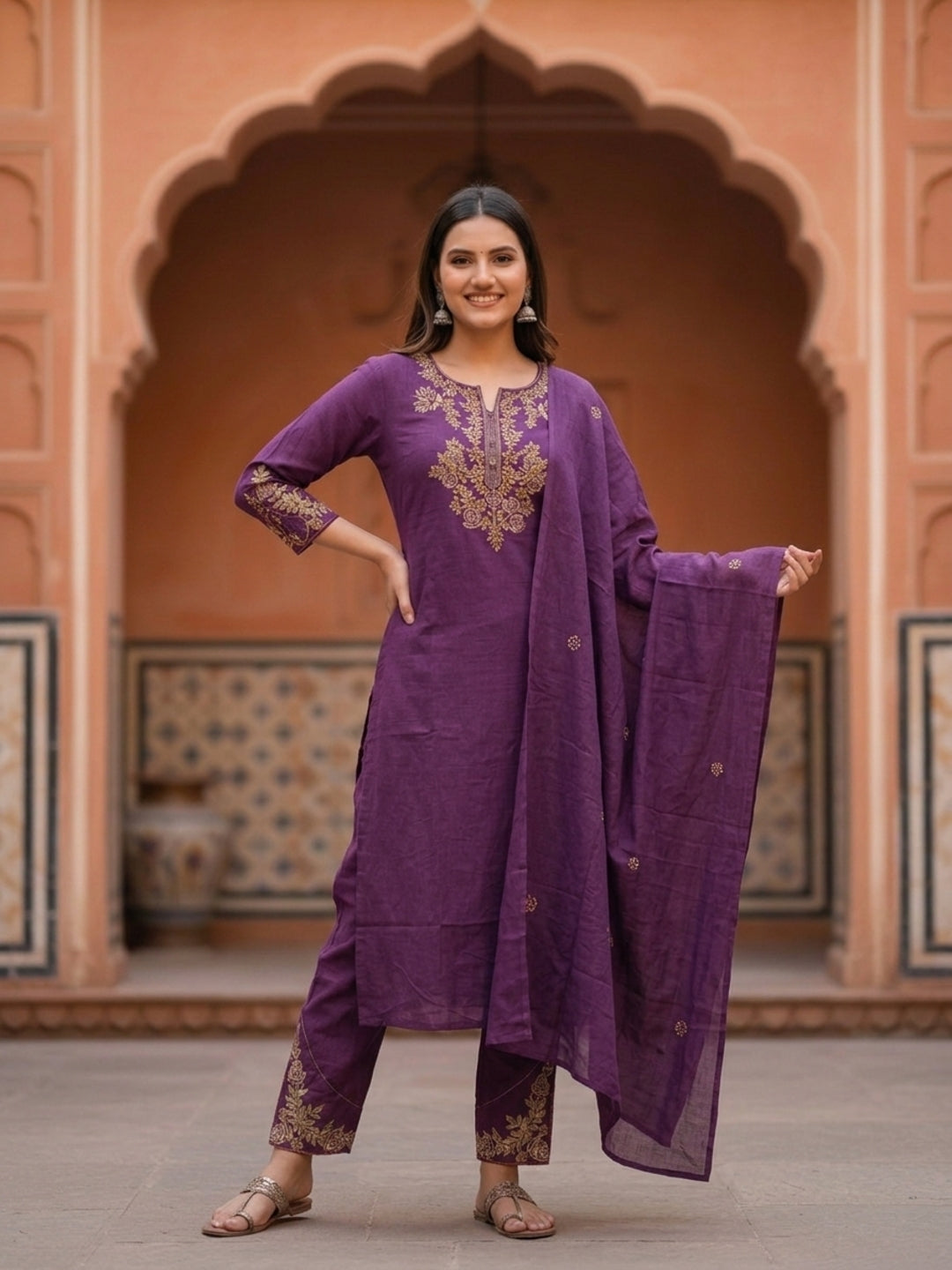 Solid Floral Embroidered Straight Kurta with Pant and Dupatta - Purple