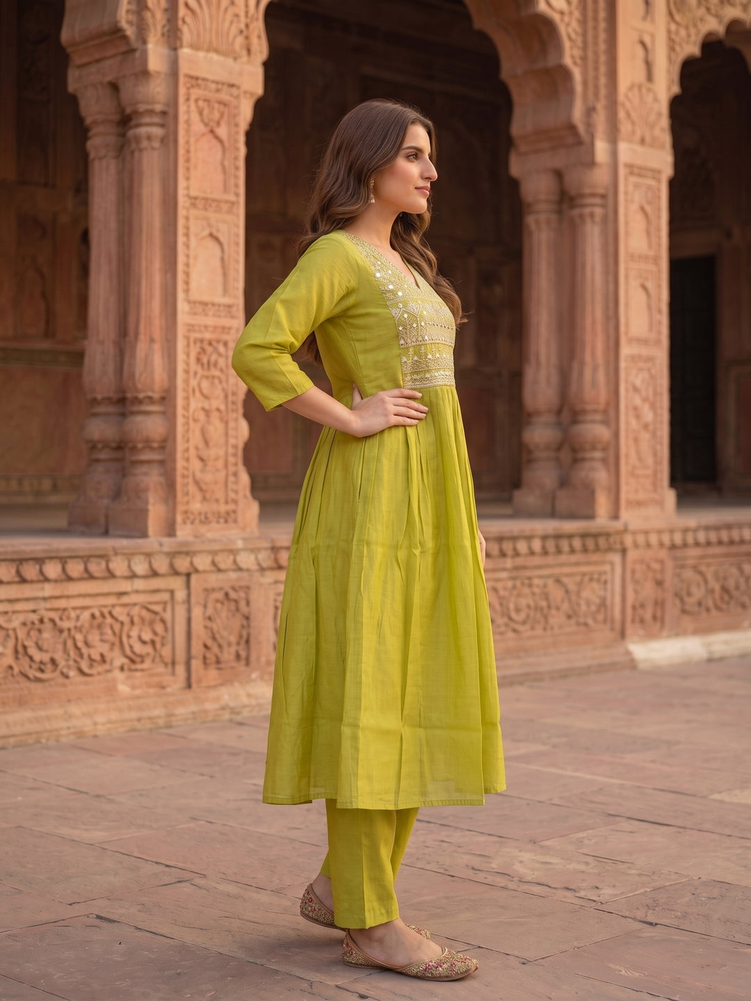 Solid Hand Embroidered A-Line Pleated Kurta with Pant & Dupatta - Lime Green