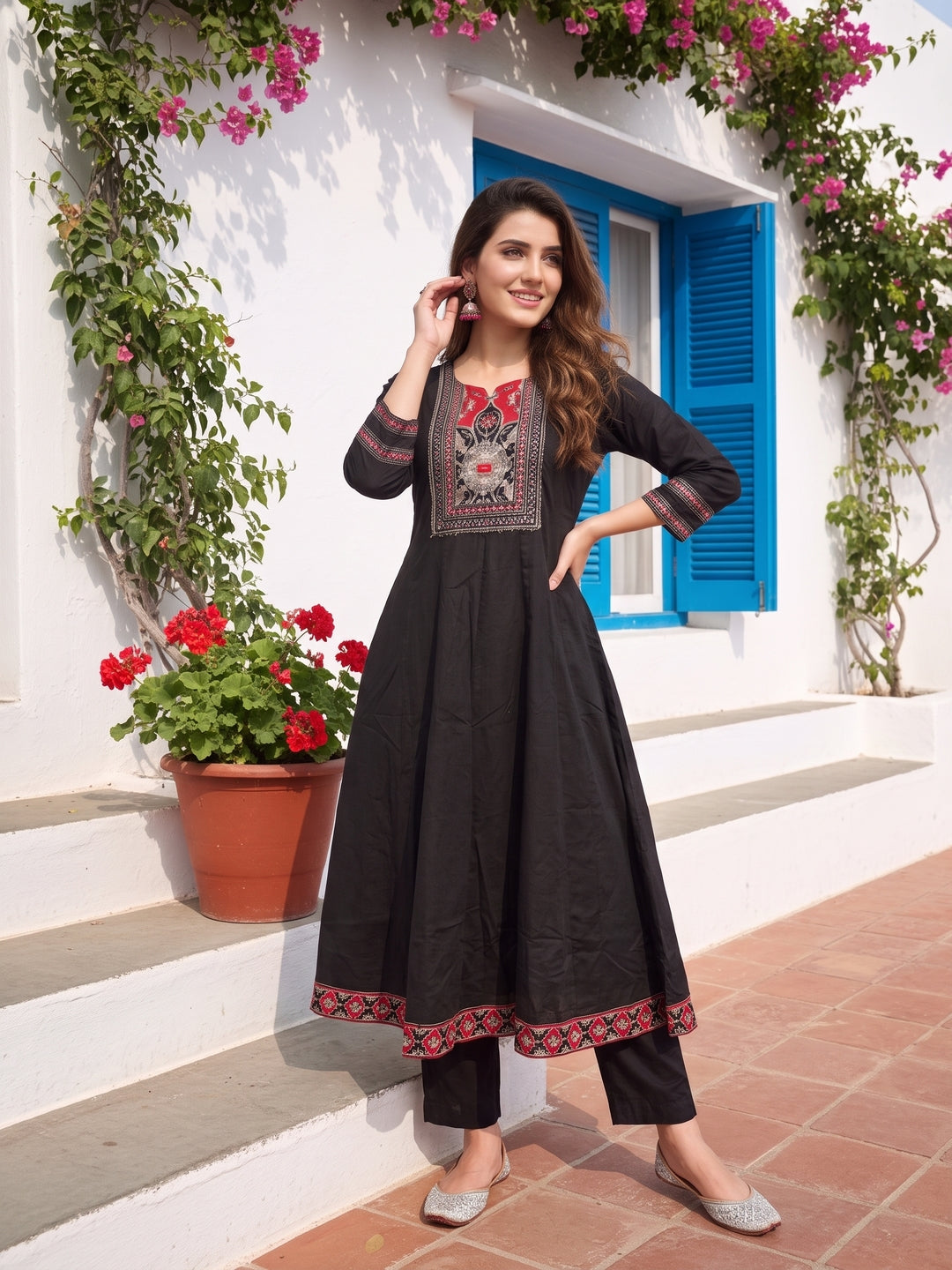 Ethnic Floral Embroidered Anarkali Kurta with Palazzo & Dupatta - Black