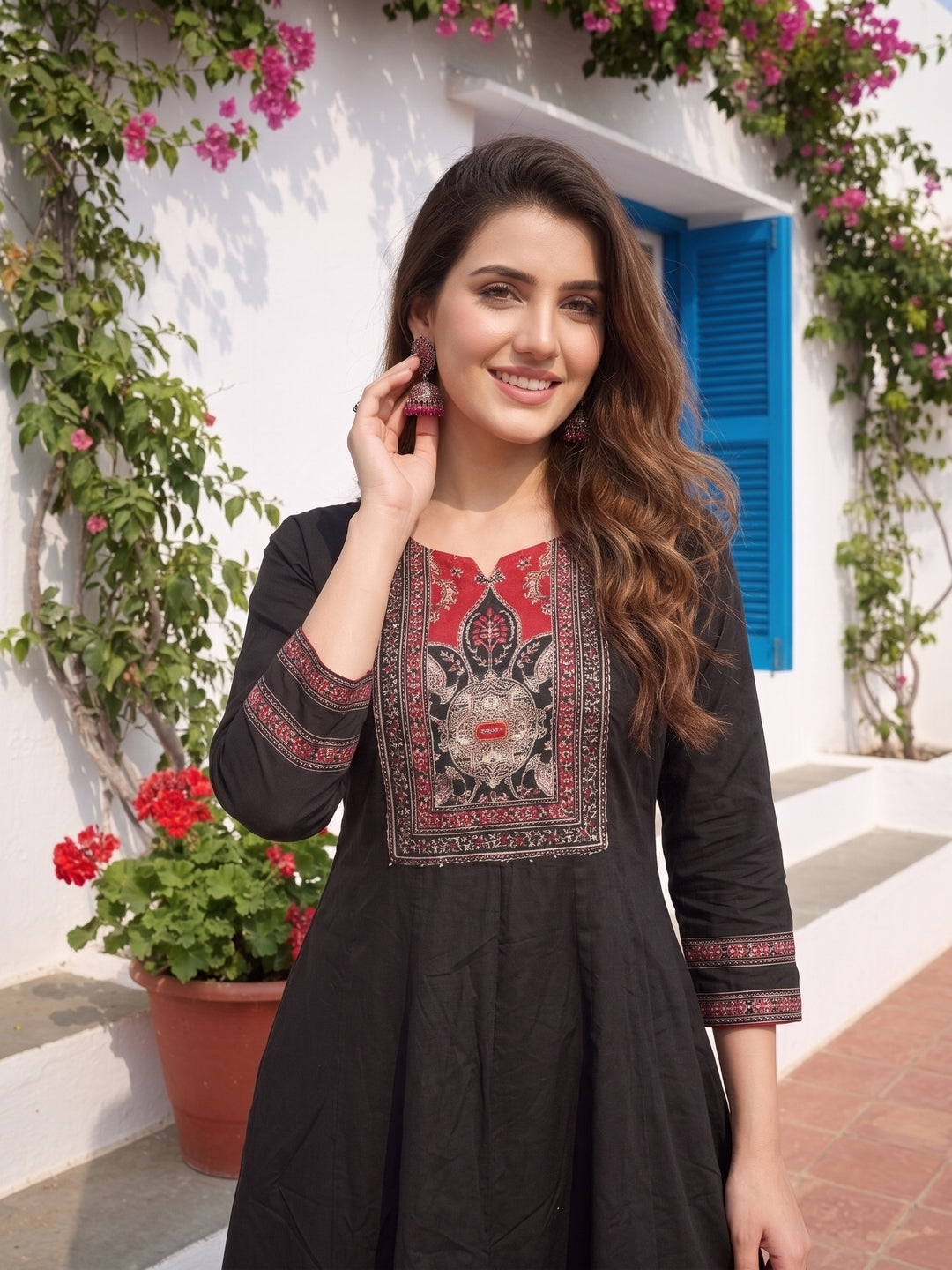 Ethnic Floral Embroidered Anarkali Kurta with Palazzo & Dupatta - Black