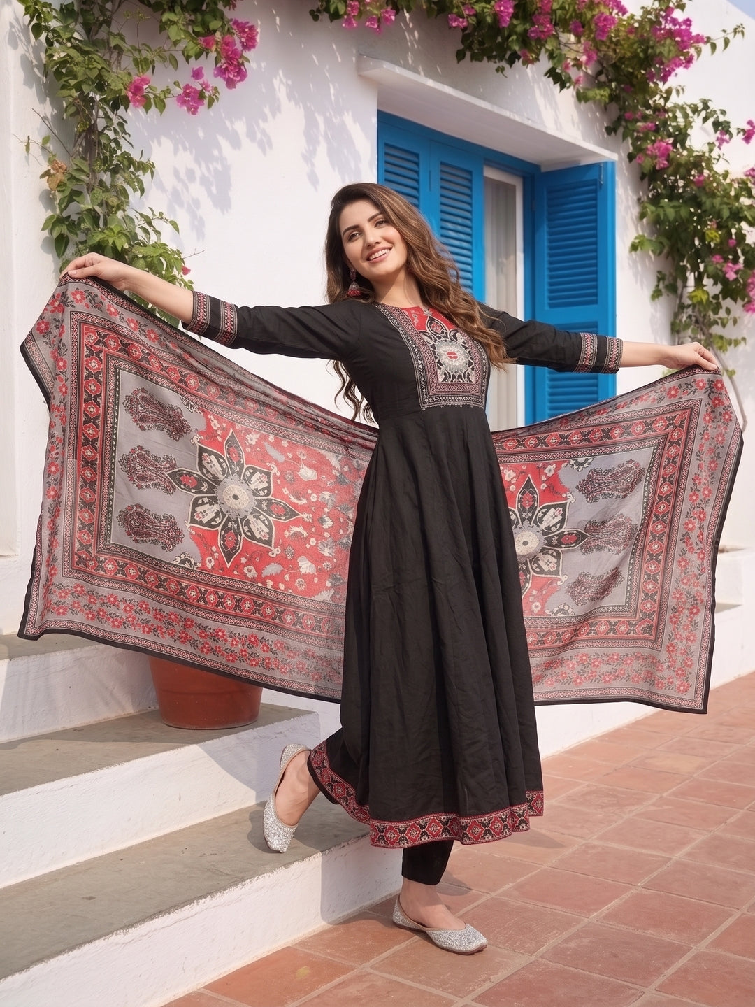 Ethnic Floral Embroidered Anarkali Kurta with Palazzo & Dupatta - Black