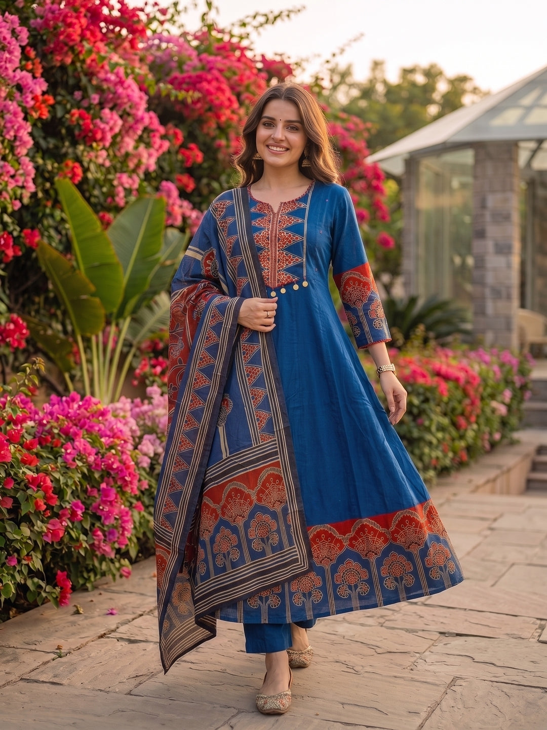 Ethnic Embroidered Anarkali Kurta with Palazzo and Dupatta - Blue