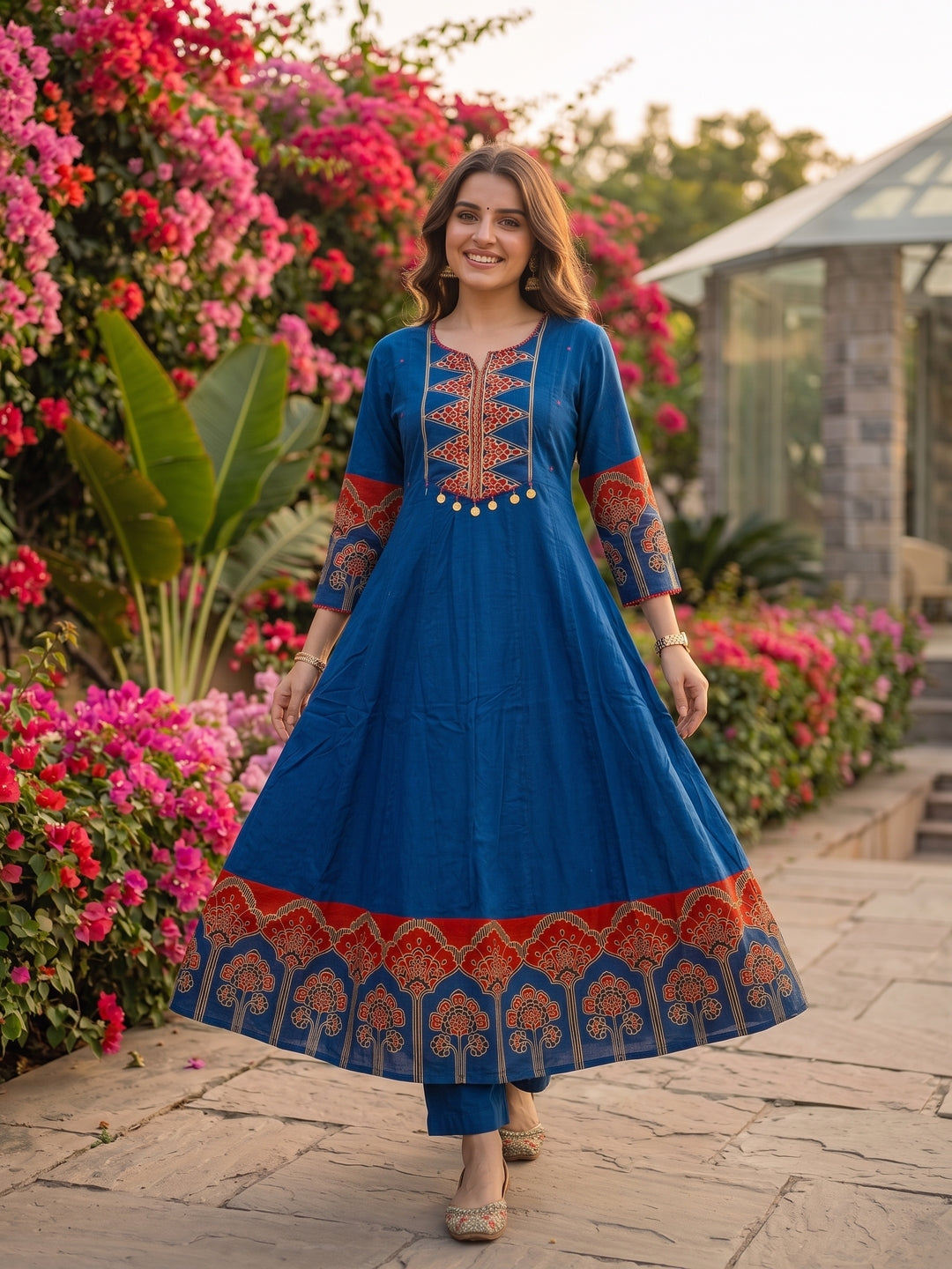 Ethnic Embroidered Anarkali Kurta with Palazzo and Dupatta - Blue