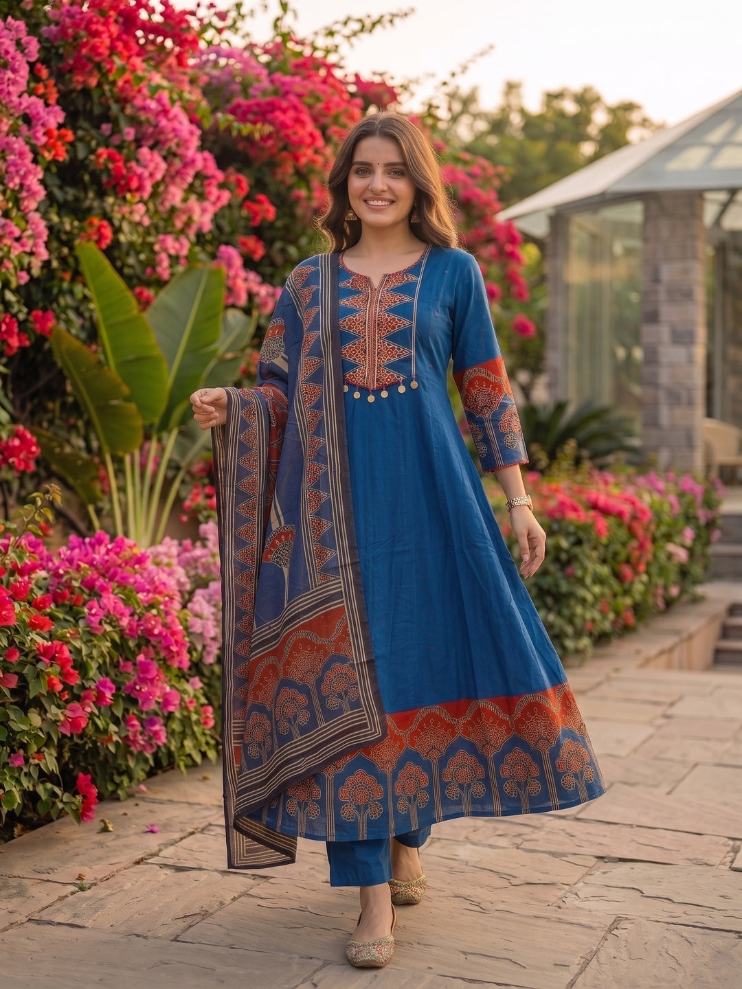 Ethnic Embroidered Anarkali Kurta with Palazzo and Dupatta - Blue
