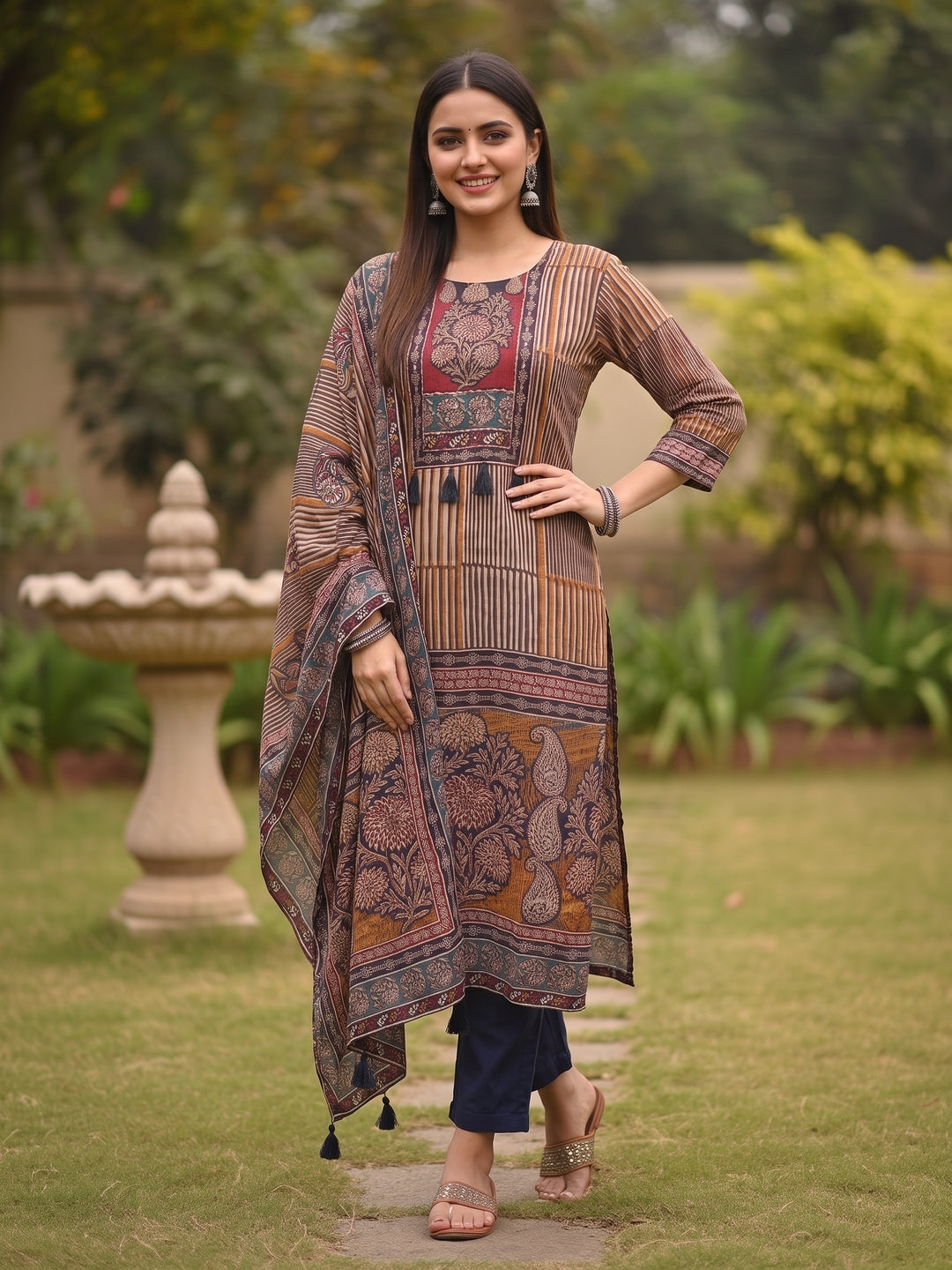 Ethnic Stripes Embroidered Straight Kurta with Pant & Dupatta - Multi