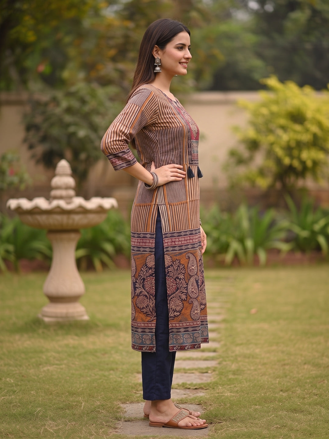 Ethnic Stripes Embroidered Straight Kurta with Pant & Dupatta - Multi
