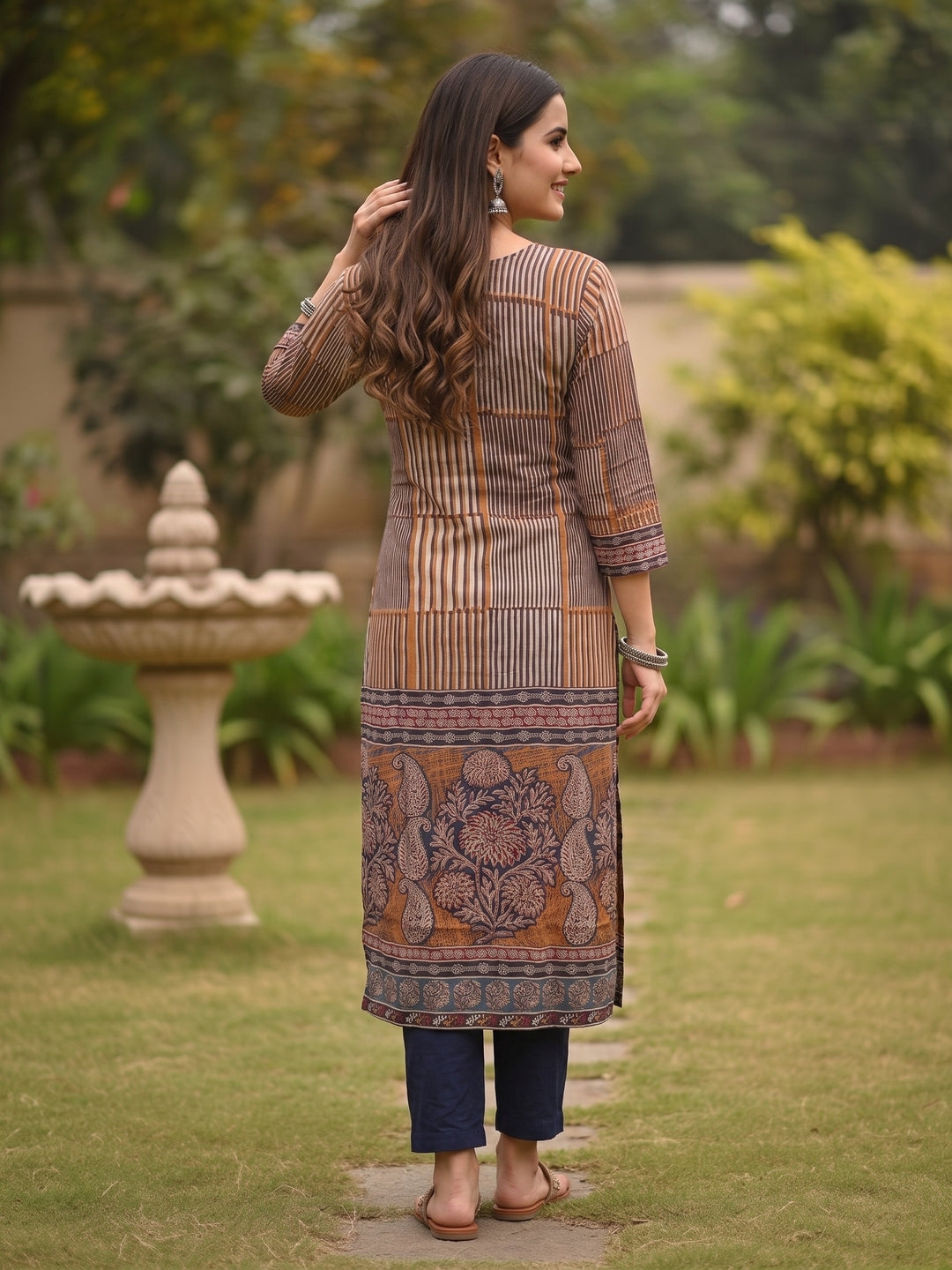 Ethnic Stripes Embroidered Straight Kurta with Pant & Dupatta - Multi