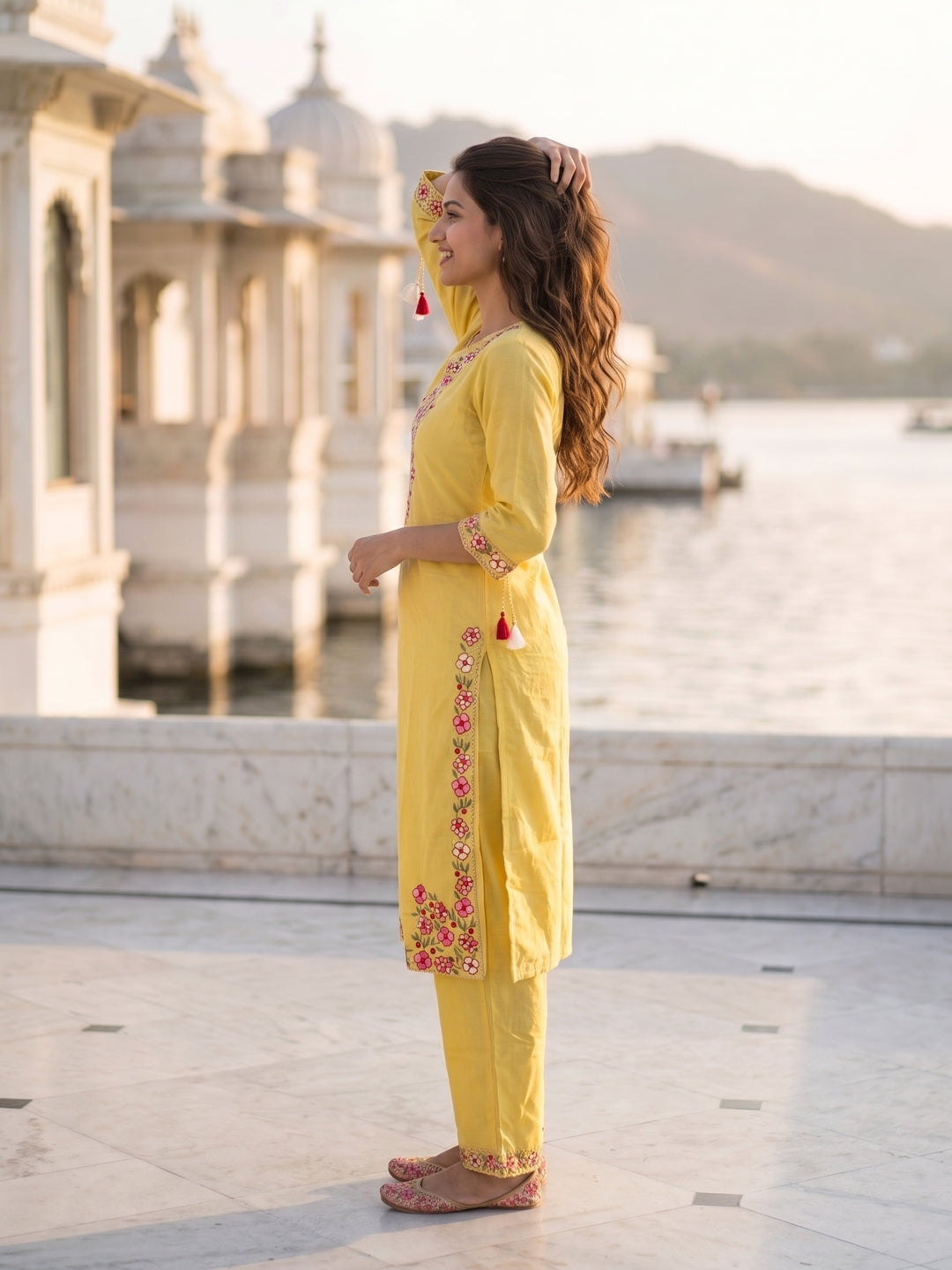 Solid Floral Embroidered Straight Kurta with Palazzo & Dupatta - Yellow