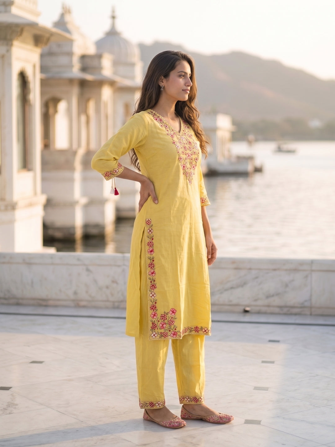 Solid Floral Embroidered Straight Kurta with Palazzo & Dupatta - Yellow