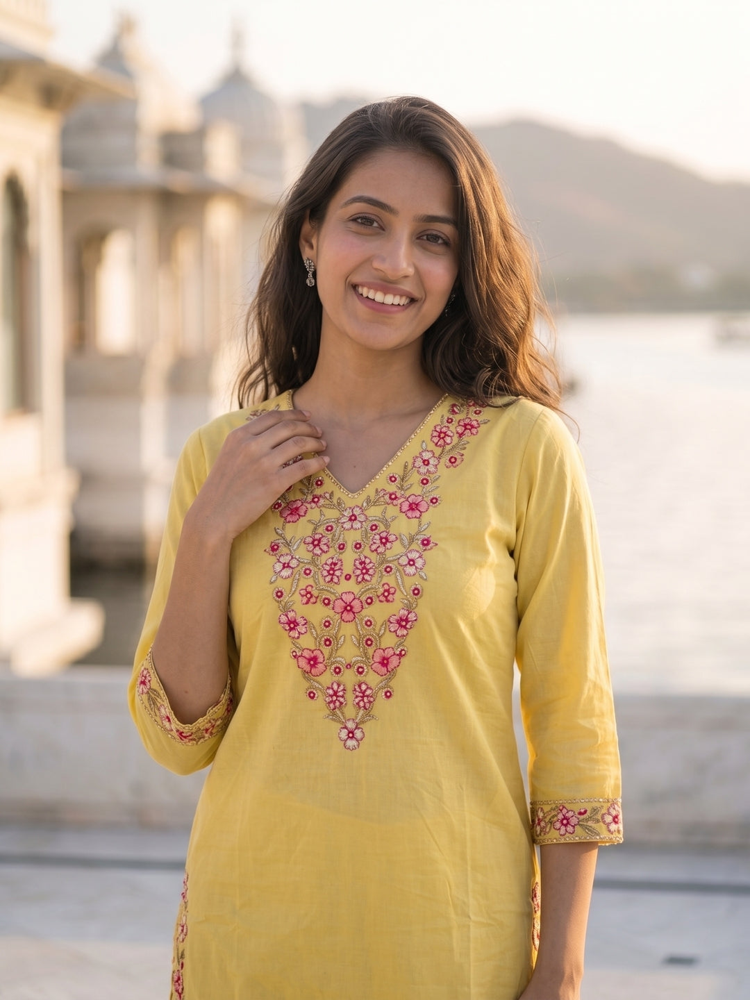 Solid Floral Embroidered Straight Kurta with Palazzo & Dupatta - Yellow